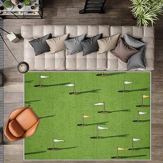 Golf Course Area Rugs 5x6 for Living Room Bedroom, Thin Green Grassland Hole Flag Washable Rug, Sports Game Print Carpet for Indoor Home Decor, Low Pile Soft Non Slip