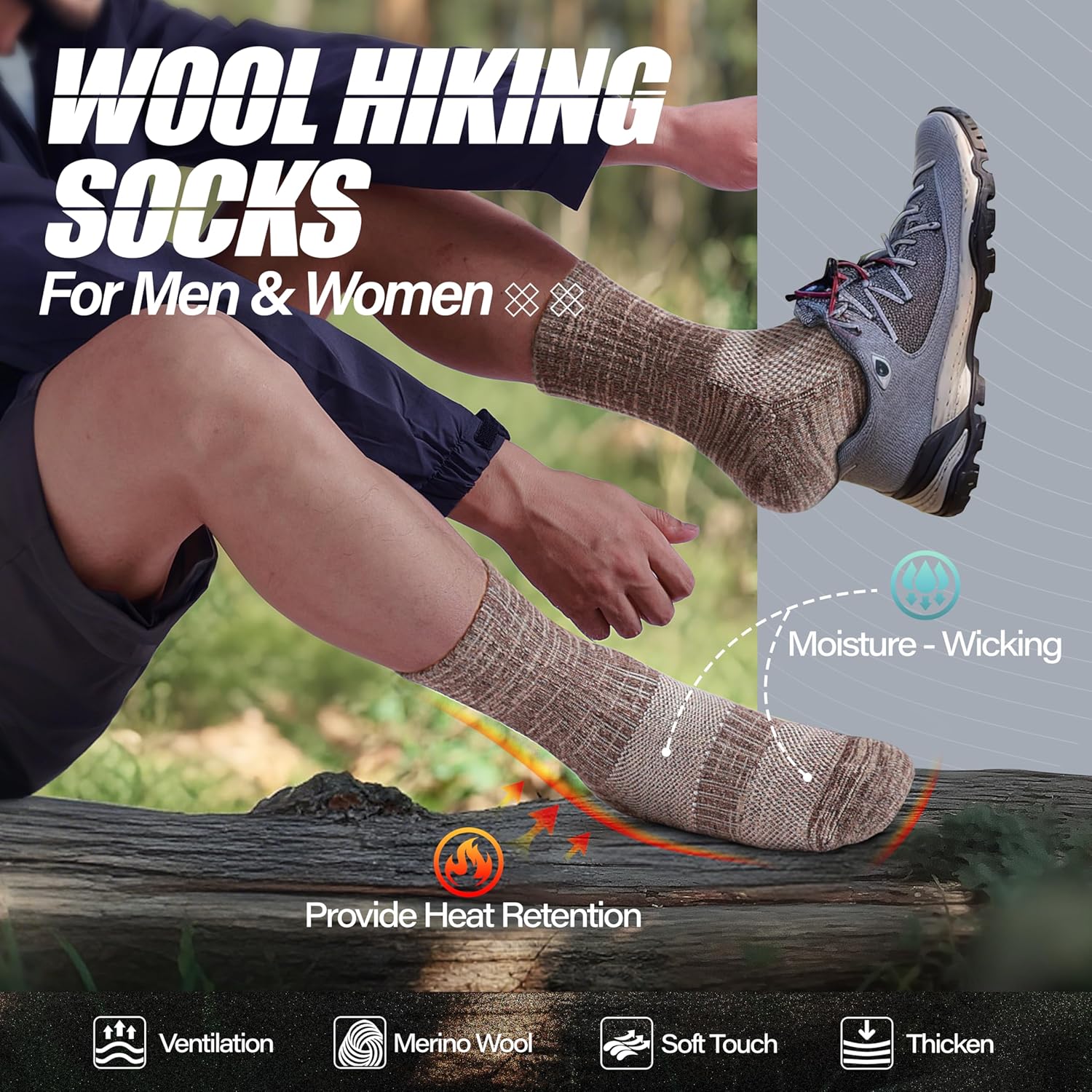 ANTSANG Merino Wool Hiking Socks for Men & Women 5 Pairs Thermal Warm Winter Thick Cushion Moisture Wicking Crew Boot Socks - Image 2