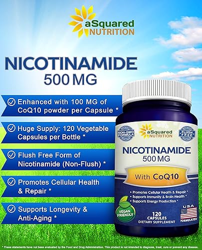 Miniatura 4 de Nicotinamida con CoQ10 (120 cápsulas) – Vitamina B3 500 mg (sin descarga de niacinamida) – Polvo de coenzima Q10 – VIT B-3 y Coq 10 píldoras de