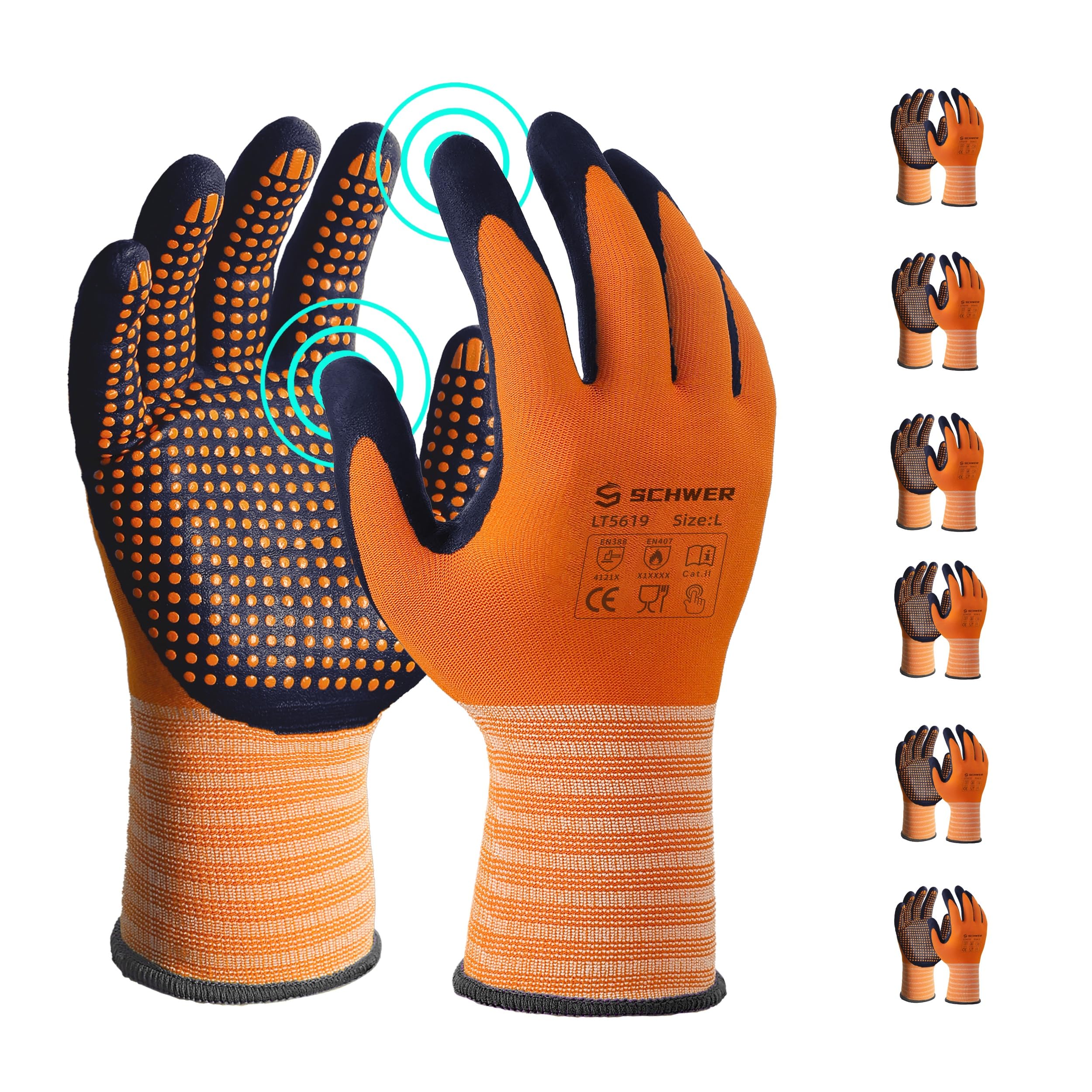 Schwer 6 Pairs LT5619 Work Gloves MicroFoam Nitrile Coated, ANSI A1 Cut Resistant Working Gloves with Grip, Micro Dot Palm, Touchscreen Capable, for