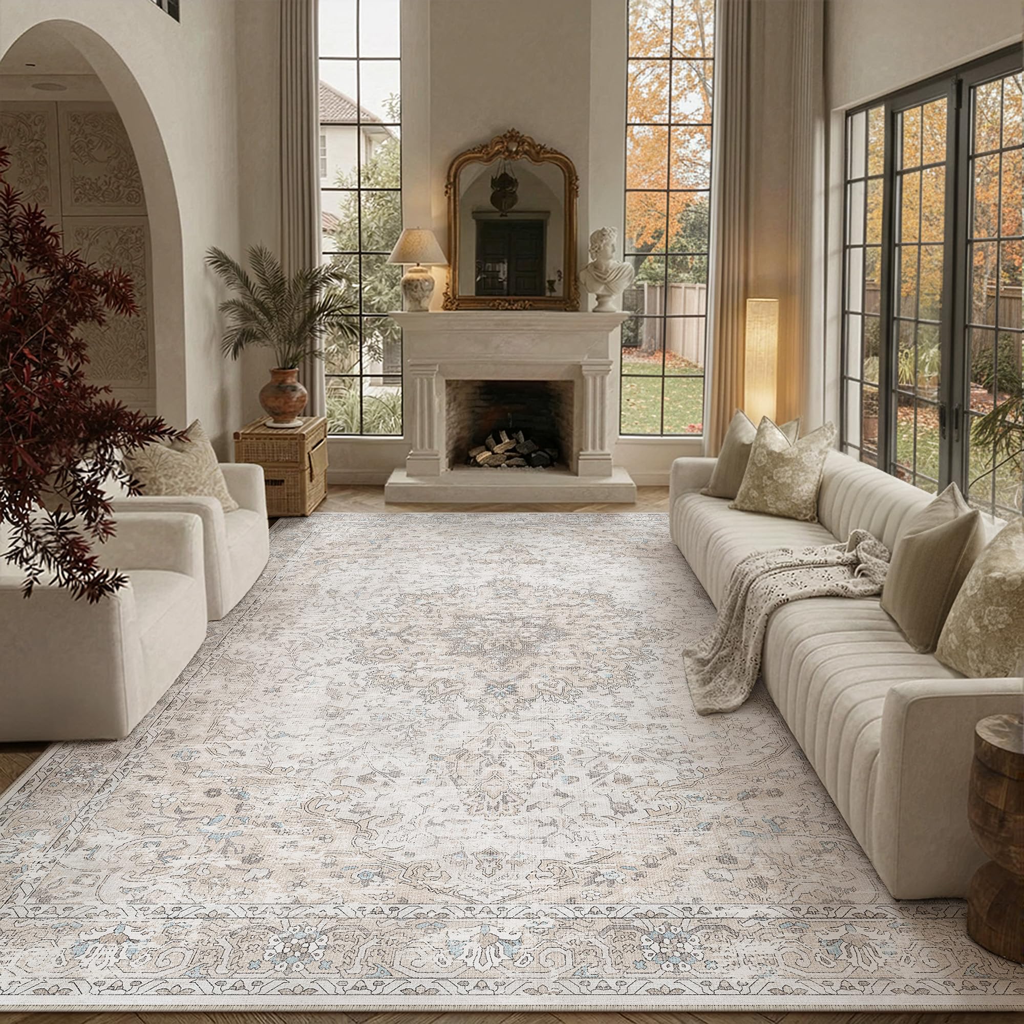 PureCozy Vintage Beige Teppich Wohnzimmer Waschbarer 200x300cm Teppiche | Groß Wohnzimmerteppich,Rutschfest Rug,Groß Weich Carpet,Schlafzimmer Esszimmer Büro Carpets,Kurzflor Tepich