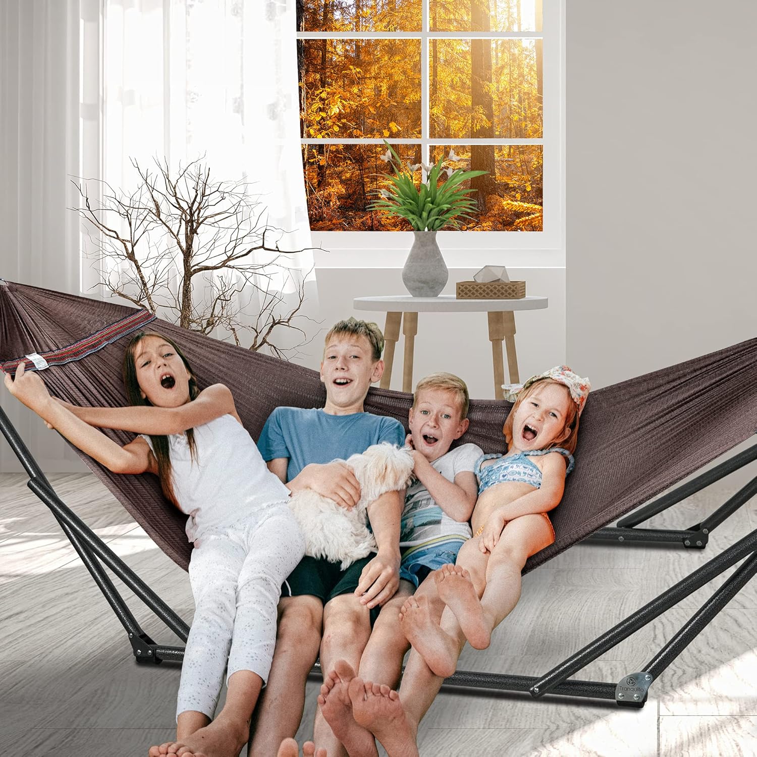 Tranquillo Universal Collapsible Hammock Stand Electro Static Coated Steel, Adjustable Hammock Stand with 2 Layered Polyester Net and Carry Bag, Foldable Hammock Stand for 2 Persons, 550 lbs, Brown : Patio, Lawn & Garden