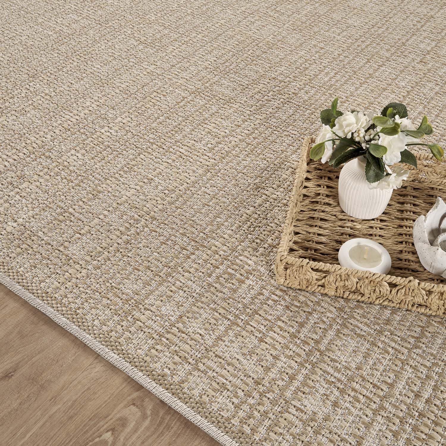 carpet city Outdoor-Teppich Wetterfest Braun 160 cm Rund - Meliert, Bordüre, Sisal-Optik, Flachgewebe, Robust, UV-beständig & Witterungsbeständig - für Außenbereich, Balkon, Terrasse, Flur