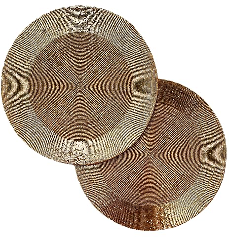 CANVASS Decorative Handmade Beaded Round Dk.Golden Placemat Perfect for Dining Table Dia 12