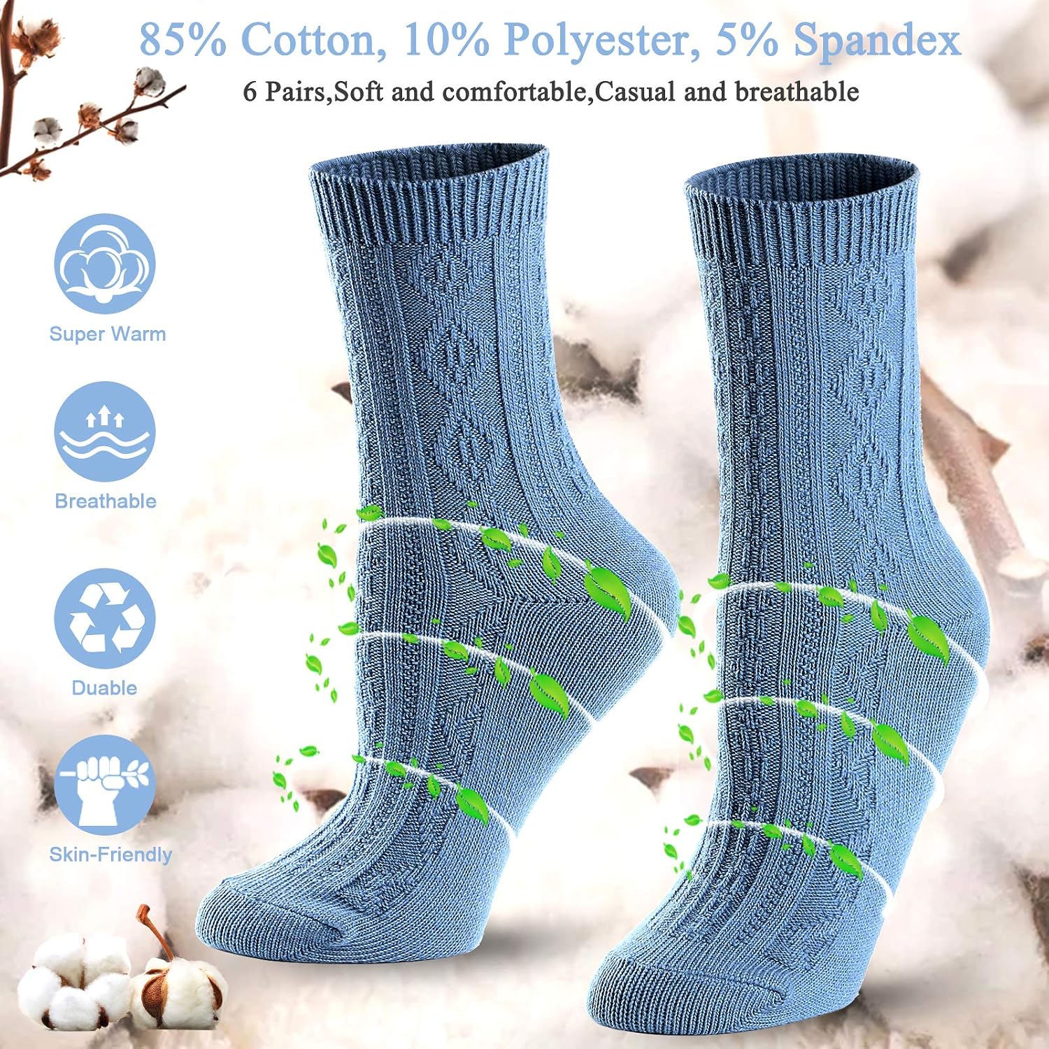 Mcool Mary Womens Crew Socks, Casual Knit Cotton Warm Comfy Breathable Dress Socks for Girls 6 Pack image 3