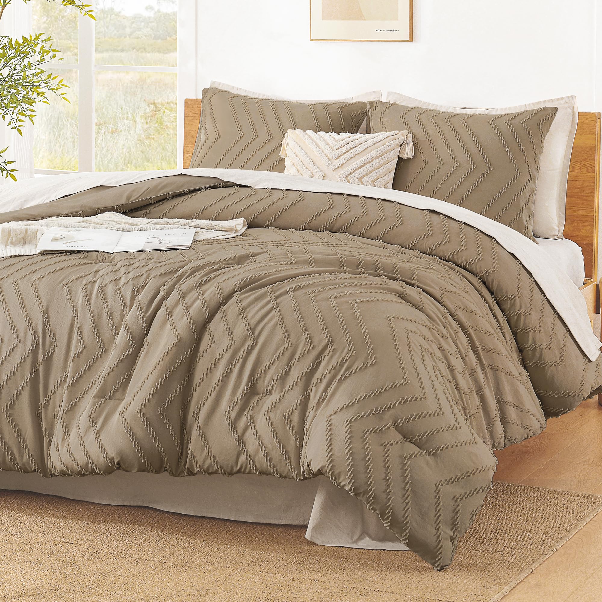 Litanika Comforter Oversized King Size Set Taupe, 3 Pieces Chevron Tufted Solid Bedding Comforter Sets, Fluffy Bed Set