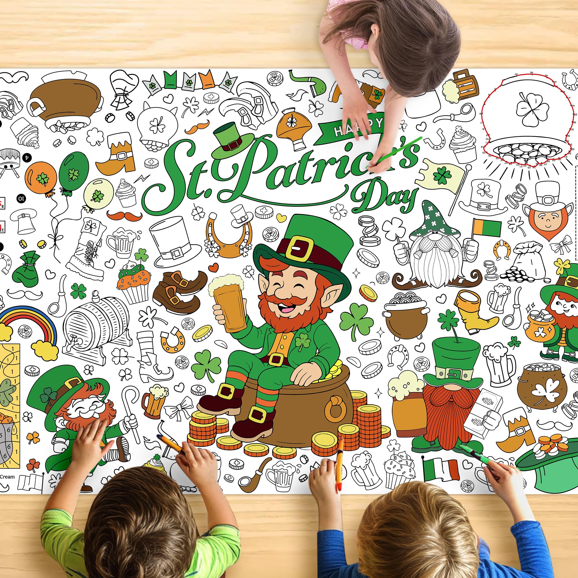 St. Patrick’s Day Coloring Tablecloth for Kids, Giant 30x72 Inch Poster with Shamrocks, Leprechauns, Perfect for Party Games, Holiday Decorations, Classroom Activities, Party Supplies