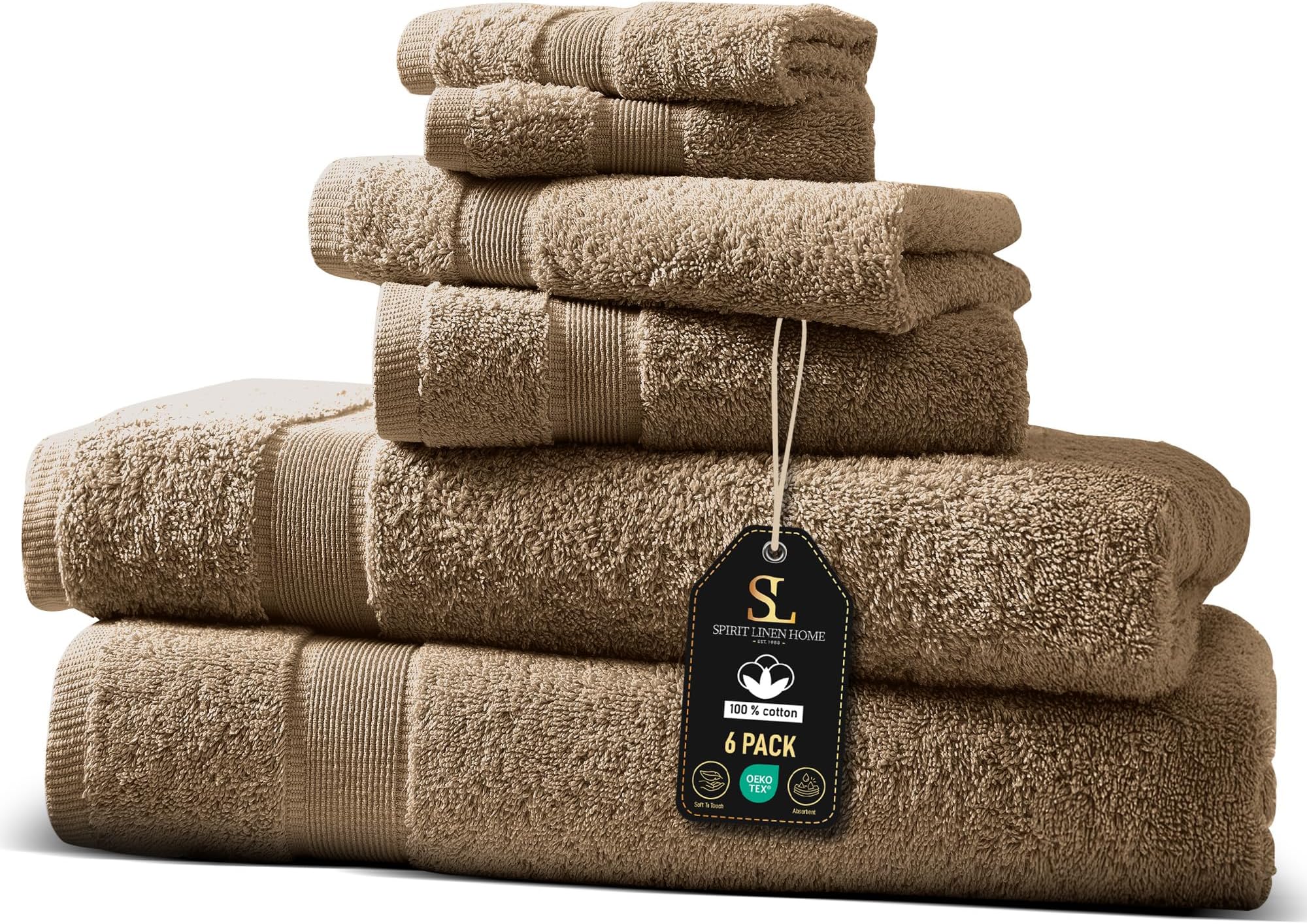 6-Piece 100% Cotton Spa Collection - Towels for Bathroom, Spa and Hotels, Oversized Luxury Bath Towels Set, Soft & Gentle on Skin, Quick Dry with Zero-Twist Tech - Hummus
