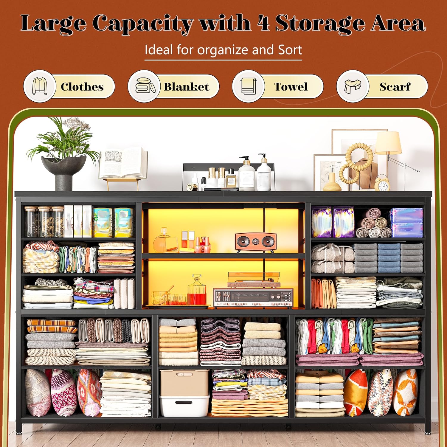 EnHomee 12 Drawers Dresser for Bedroom with LED Lights &Charging Station, TV Stand for 55/60'' TV, Fabric Dressers & Chests of Drawers with 3 Wooden Shelves for Hallway,Sturdy,Grain Black