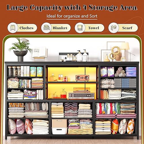 Miniatura 4 de EnHomee - Cómoda negra con luces LED y estación de carga, soporte de TV para televisor de 60 pulgadas, cómodas anchas y cómodas con estantes Negro