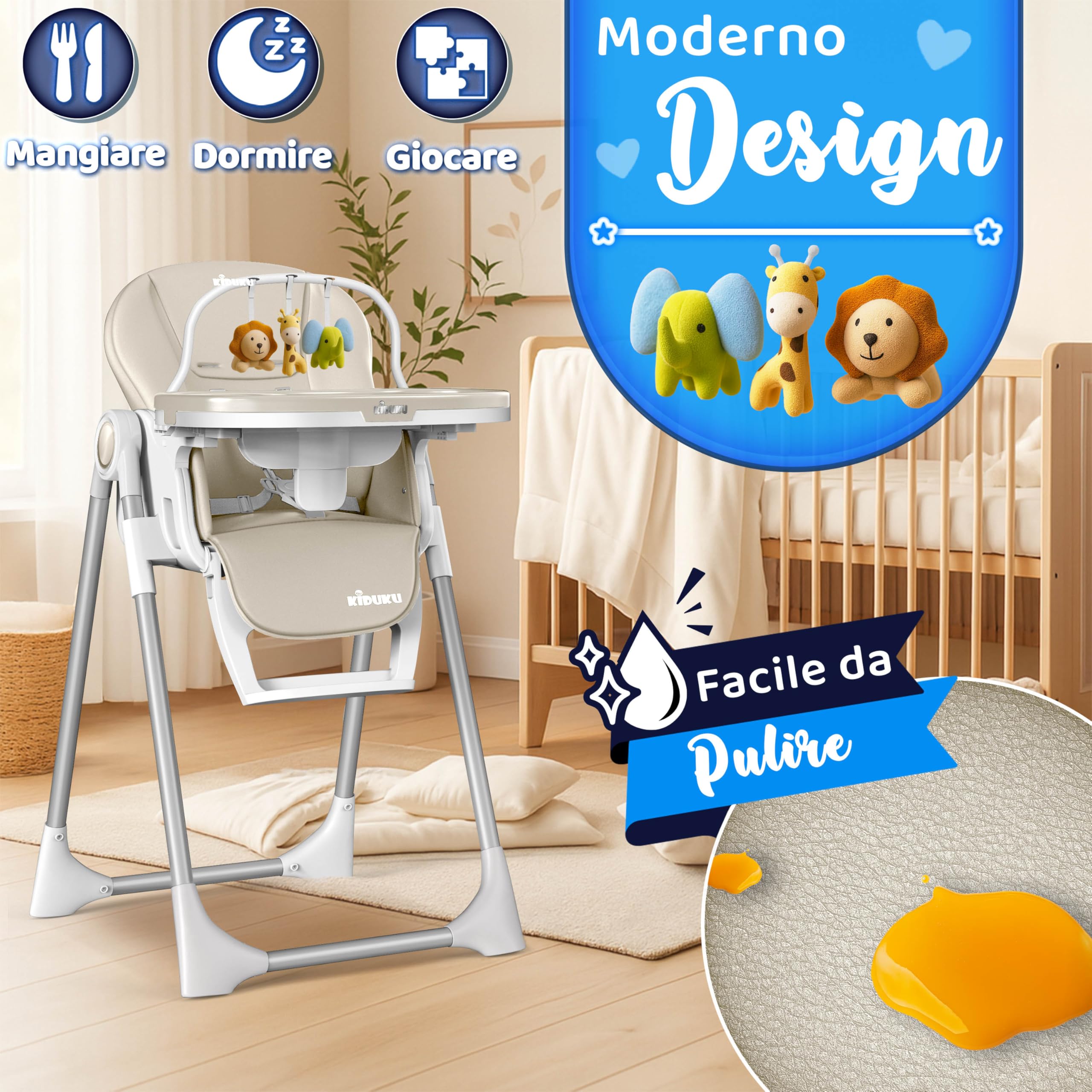KIDUKU® Seggiolone Pappa Neonato 3 in 1 con Riduttore & Bavaglino | Seggiolone Pieghevole per Bebè e Bambini con Arco Giochi | Sedia Evolutiva Regolabile 7 Livelli | Crescita 0-36 Mesi (Beige)