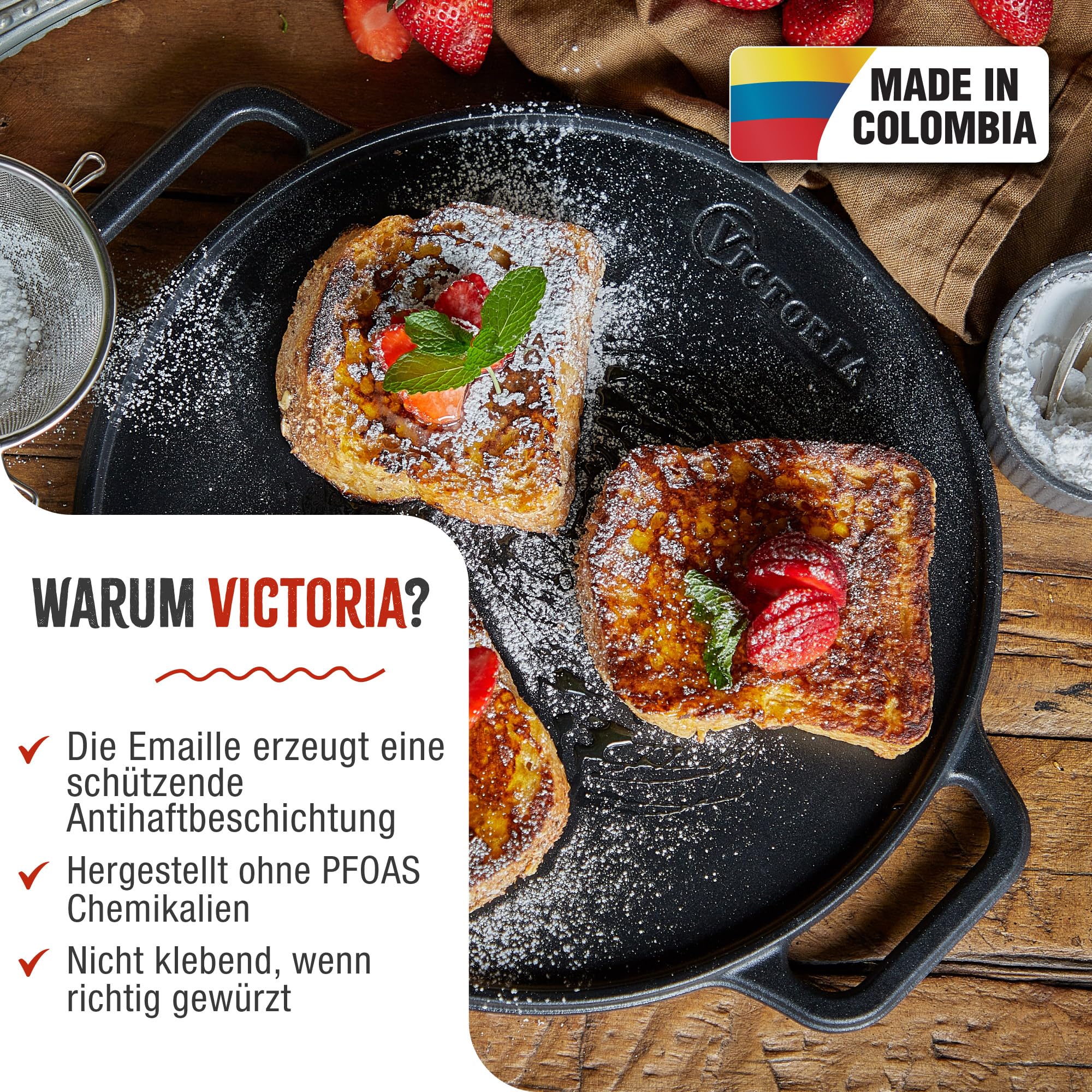 VICTORIA Grillplatte Emailliertes Gusseisen Grillpfanne 32cm Rund, Doppelseitig Verwendbar, für Feuer, Grill, Ofen, Vitrokeramik, Gas, Ohne Schadstoffe und PTFE
