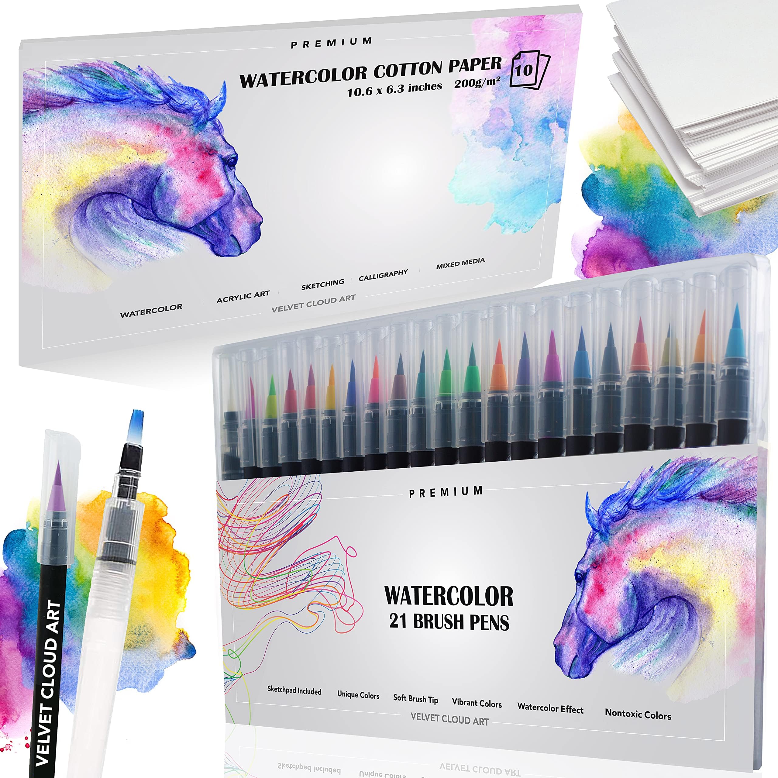 Watercolor & Sketchpad, 21 Brush Markers, 10 Sheets Sketchbook, Paint Art set watercolor thick cotton papers watercolors Paint Marker, Drawing book paint, coloring book markers