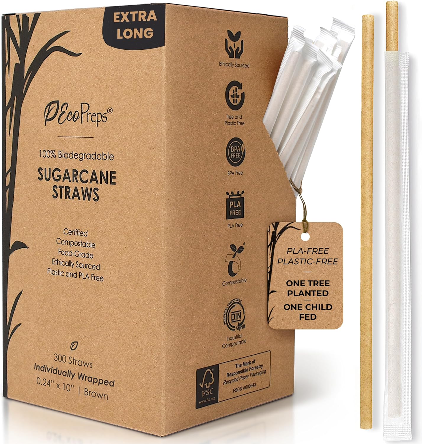 10” Biodegradable Sugarcane Straws, Extra-Long Individually Wrapped Straw | 300 Count, 100% Compostable, Plastic-Free, Eco-Friendly Drinking Straw | 10-Inch Sugar Fiber Disposable Straws