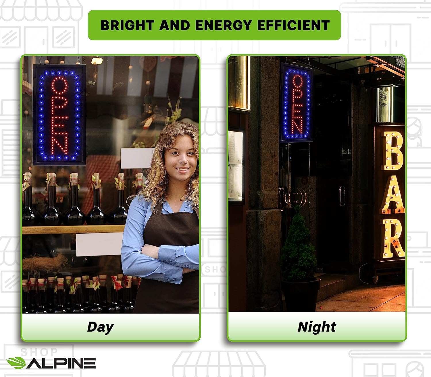 Alpine Led Open Sign for Business High Tech Tempered Glass Bright Electric Display Signs Two Modes Flashing Steady Lights for Indoor Outdoor Shops Restaurant Bar Wall Window Store (Open, Vertical 19x10 inch)