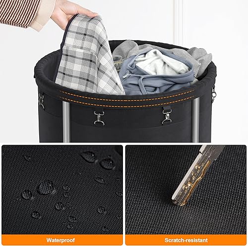 Miniatura 8 de ELYKEN Cesta de lavandería con ruedas, cesta de ropa grande de 170L con diámetro de 23.6" y bolsa interior extraíble, carro de ropa fácil de rodar