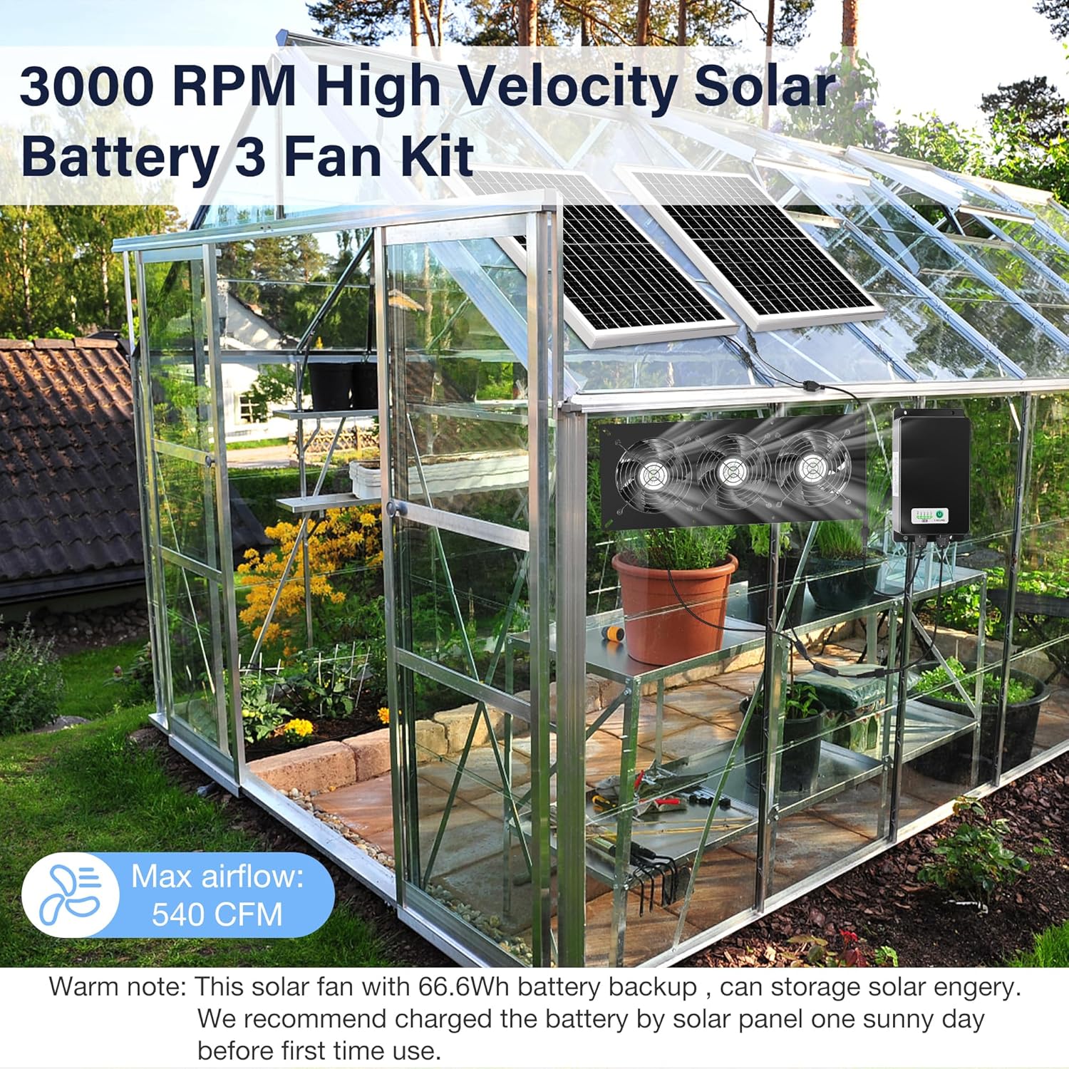 Fanspex Solar 3 Fan Kit with 66.6 Wh Battery Backup, 50W Solar Panel Powered Rechargeable Weatherproof Fans for Chicken Coop, Greenhouse & Shed