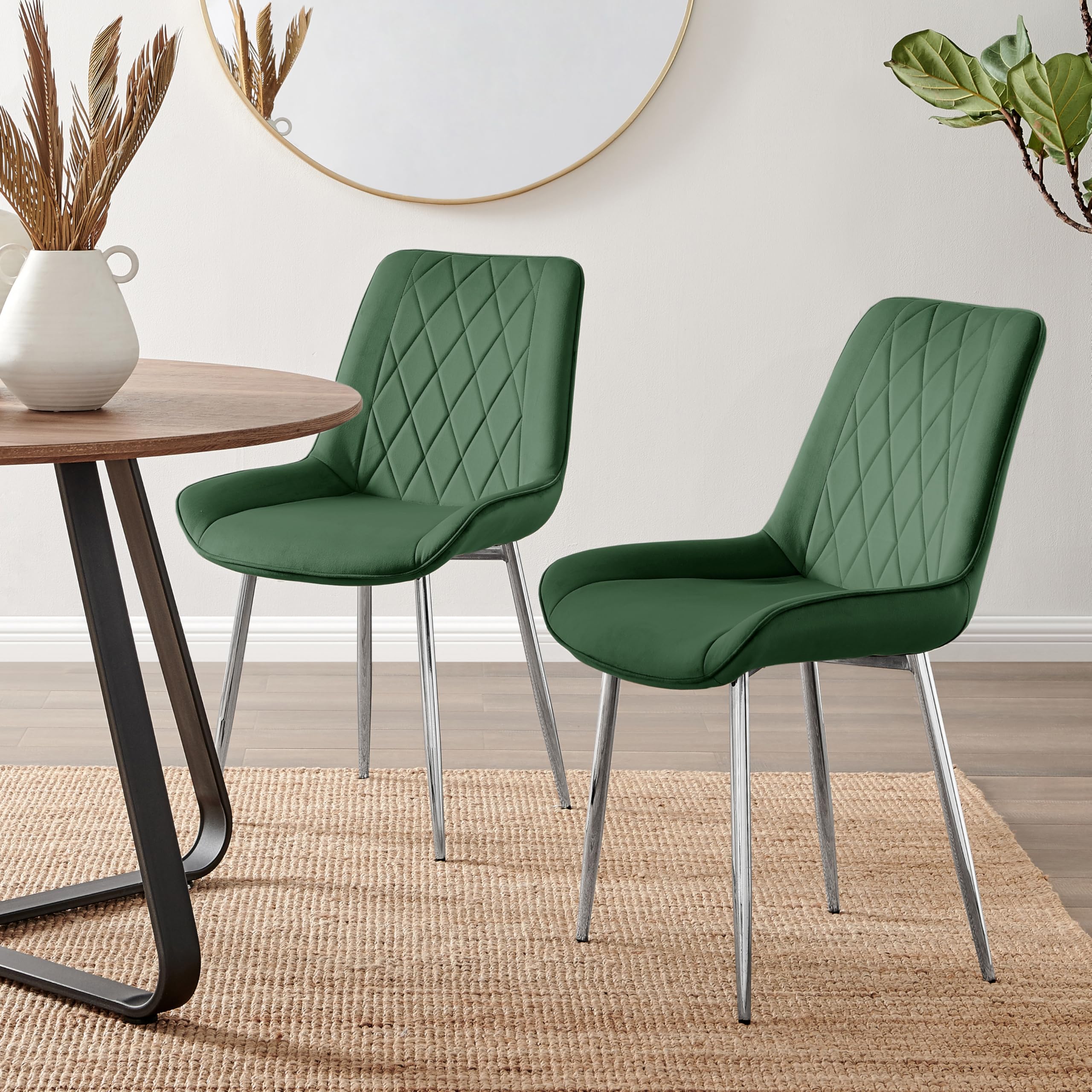 Furniturebox UK 2x Pesaro Velvet Silver Chrome Metal Leg Modern Contemporary Luxury Dining Kitchen Chairs Set (2x Green Pesaro Silver Chairs)