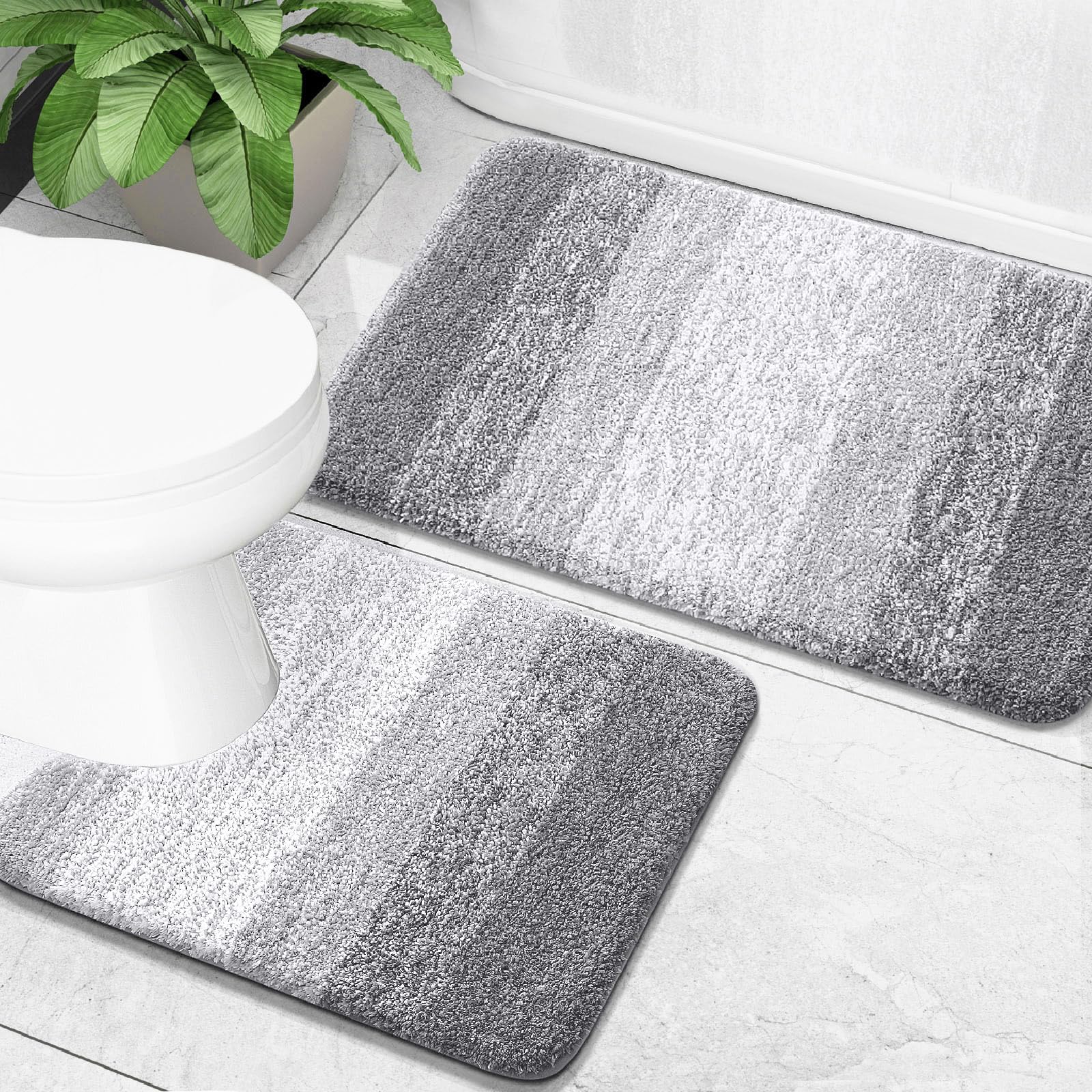 OLANLY Bathroom Rug Set 2 Piece, Soft Absorbent Microfiber Bath Mats and U-Shaped Contour Toilet Rug, Non-Slip, Machine Wash Dry, Plush Shaggy Bath Mats for Bathroom (24"x16"+24"x20", Light Grey) — image 1