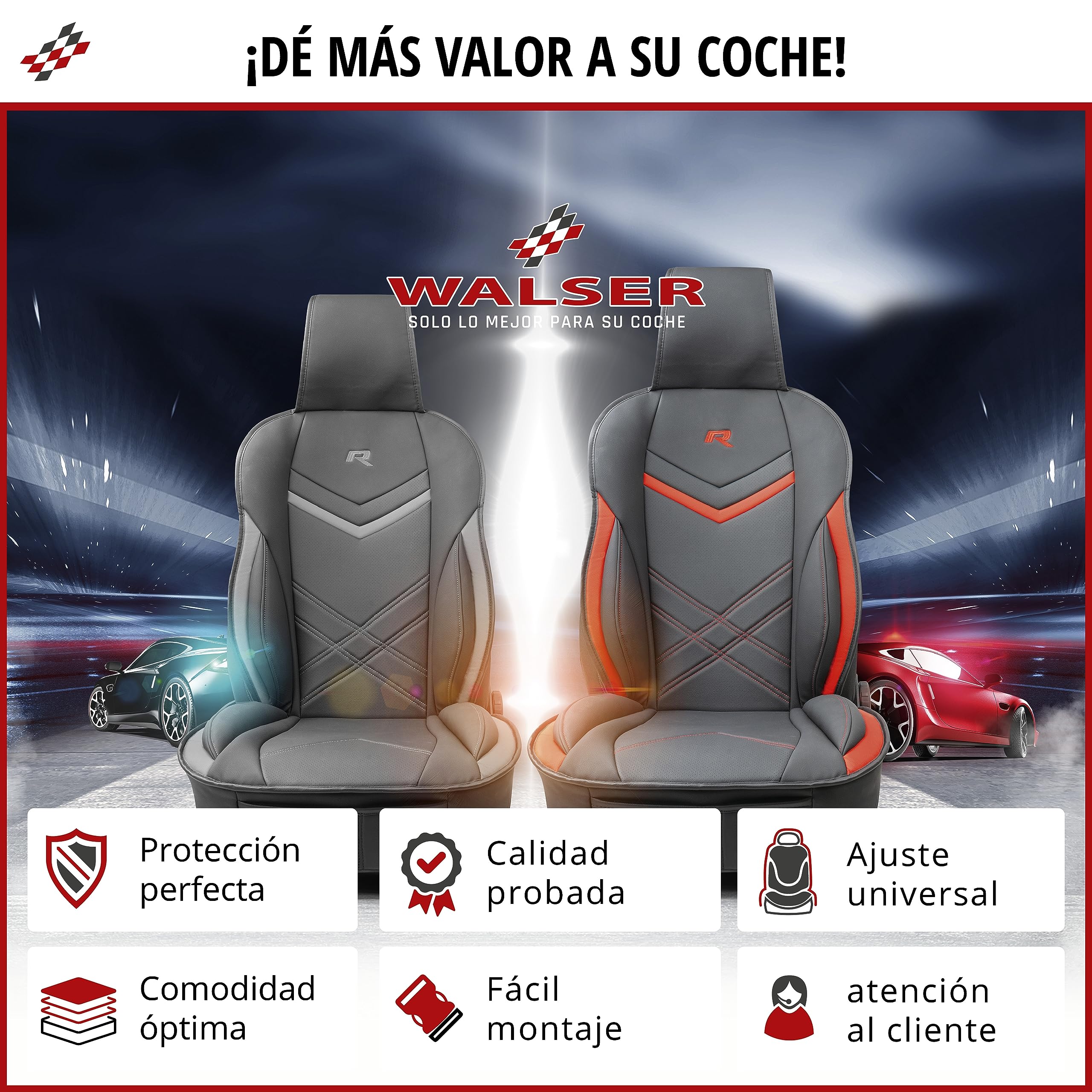 Walser Funda de Asiento de Coche Rey, Universal Almohadilla Protectora en Negro-Gris, para Coches y Camiones con aspecta de Carreras