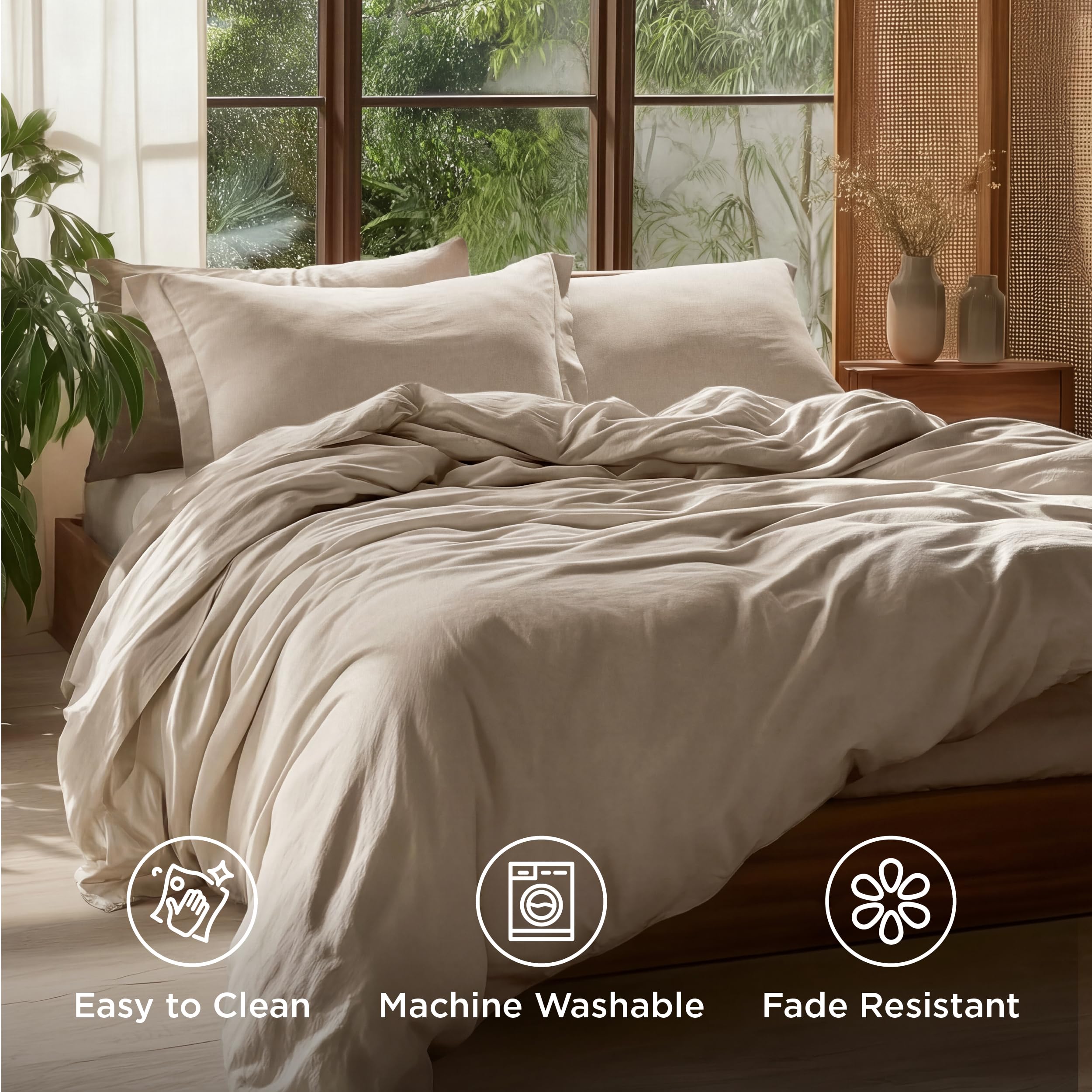 Bedsure 100% Washed Cotton Duvet Cover King Size - Frosted Almond Minimalist Cotton Duvet Cover Linen Like for All Seasons - GentleSoft™ Plain Simple Bedding (Frosted Almond, King, 104"x90")