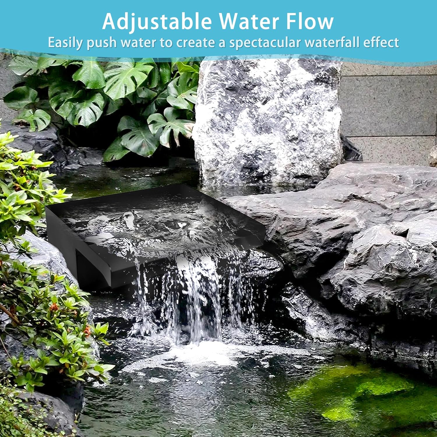 11.8inch Pond Waterfall Box with 40W 660GPH Pump Kit, Stainless Steel Spillway, 9.8FT Corrugated Tubing for Outdoor Garden Ponds and Water Features