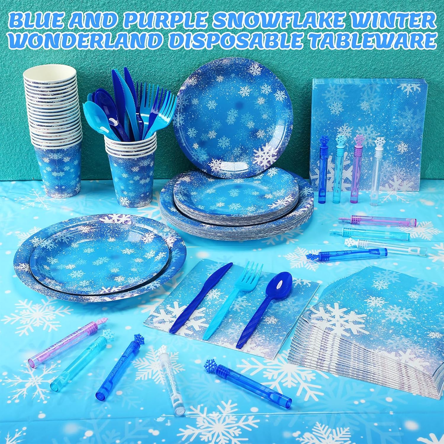 226 Pcs Snowflake Party Supplies Kit, 25 Guests Snowflake Theme Birthday Bubble Wands Supplies Disposable Dinner Plates, Cups, Napkins, Tablecloth, Blue/purple Birthday Decor Set
