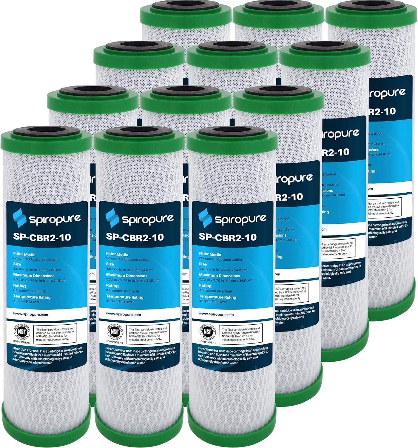 SpiroPure SP-CBR2-10 10x2.5 0.5 Micron NSF Certified Coconut Shell Carbon Block Water Filter Cartridge CBR2-10 155268-43 SMCB-2510 (Case of 12)