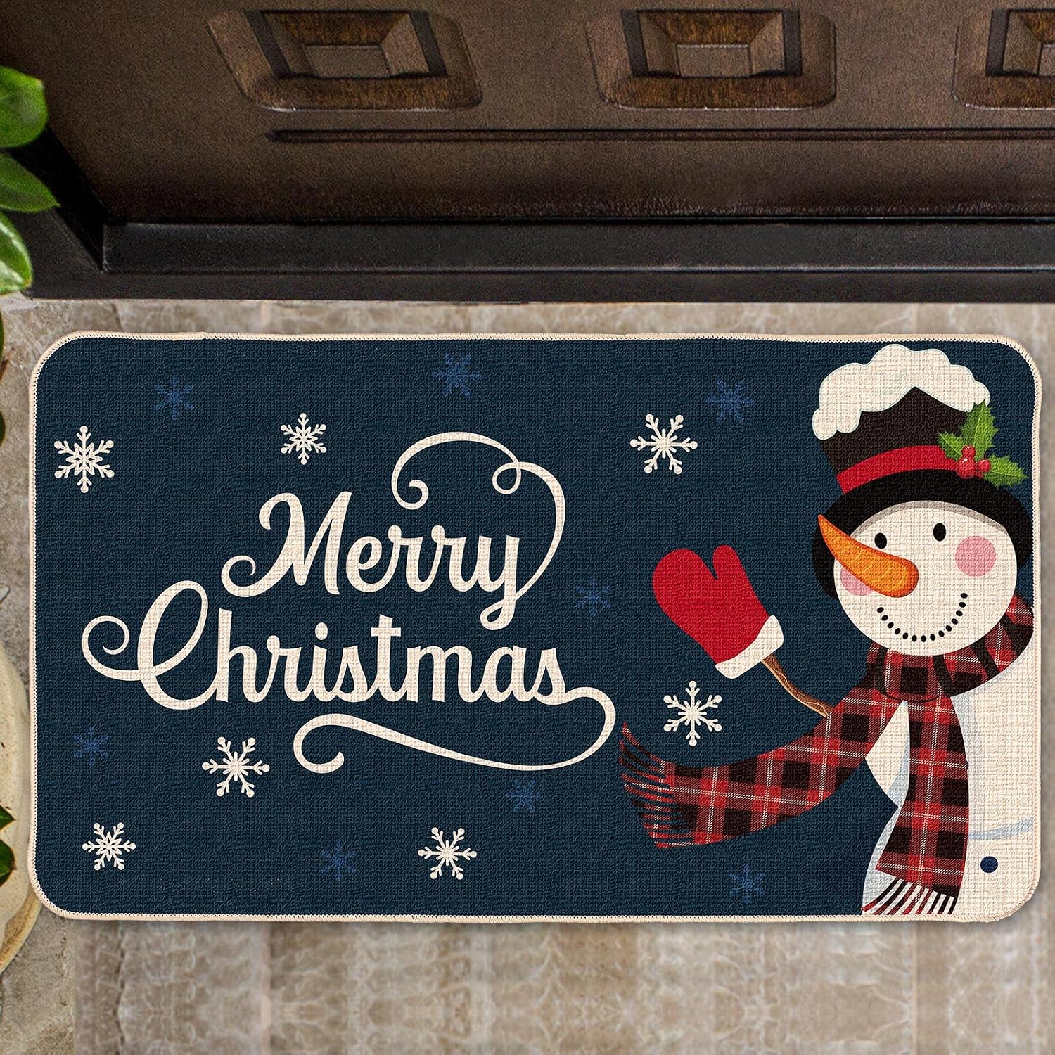 Merry Christmas Door Mat Rug Decorative Doormat Winter Snowman Welcome Floor Mat Non Slip Washable Bathroom Kitchen Entrance Rug for Indoor Outdoor Home Decor, 16 x 28 Inch (Blue)
