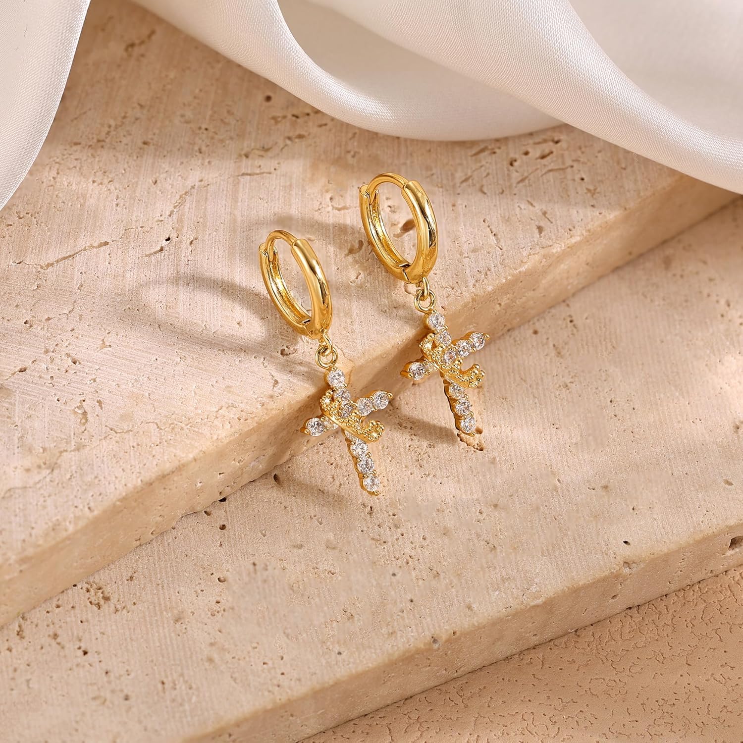 Gold Crown Cross Earrings for Women - 14K Gold Plated Huggie Hoop Earrings with CZ Diamond Cross Charm Dangle, Religious Christian Jewelry Gifts for Her - Image 5