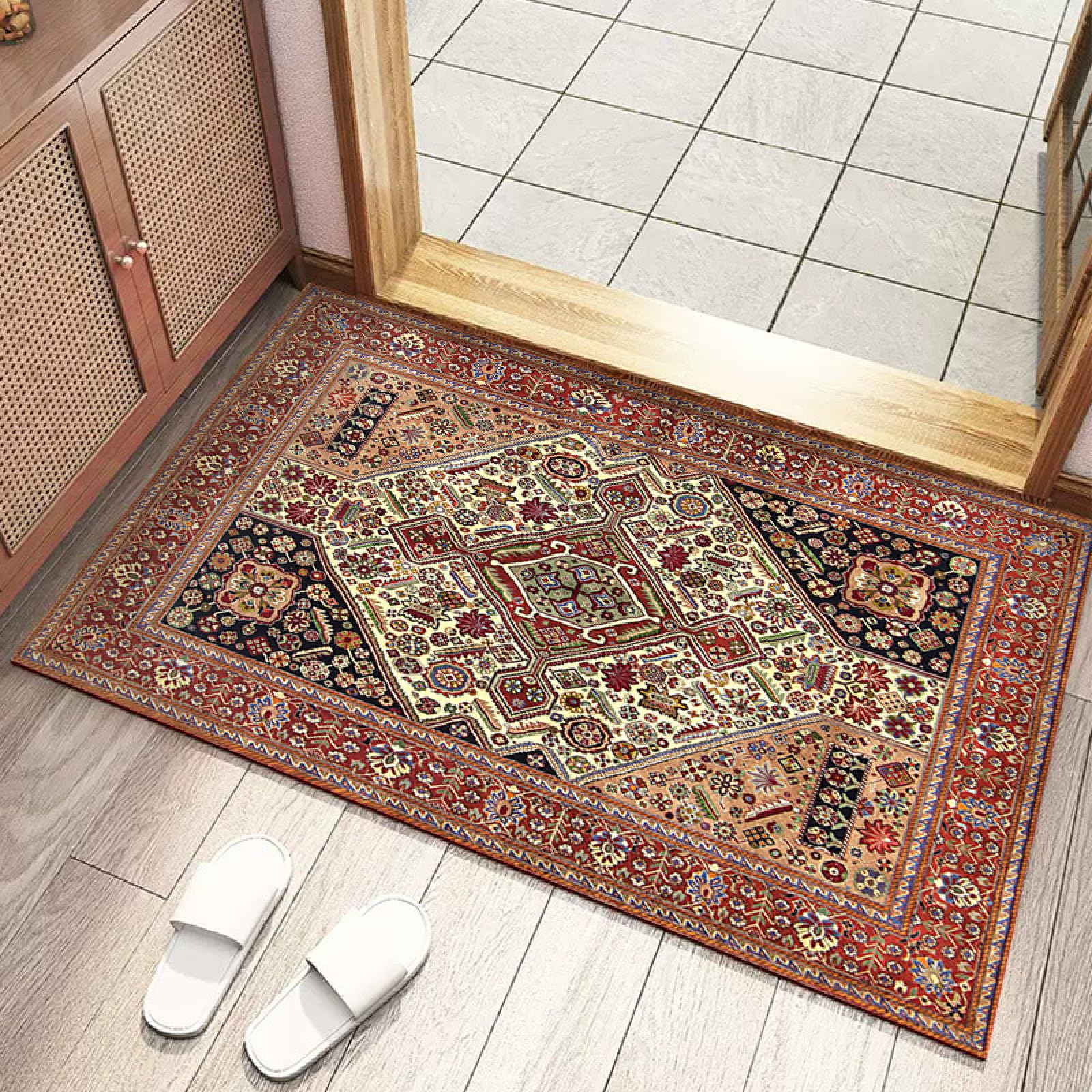 Zerbino Ingresso Esterno Rosso Bohemian Nero Tappeto Salotto Poliestere Zerbino Ingresso Interno Moderno Tappeti Soggiorno Lavabile Tappeto da Esterno Antiscivolo Tappeti Moderni 120x160cm