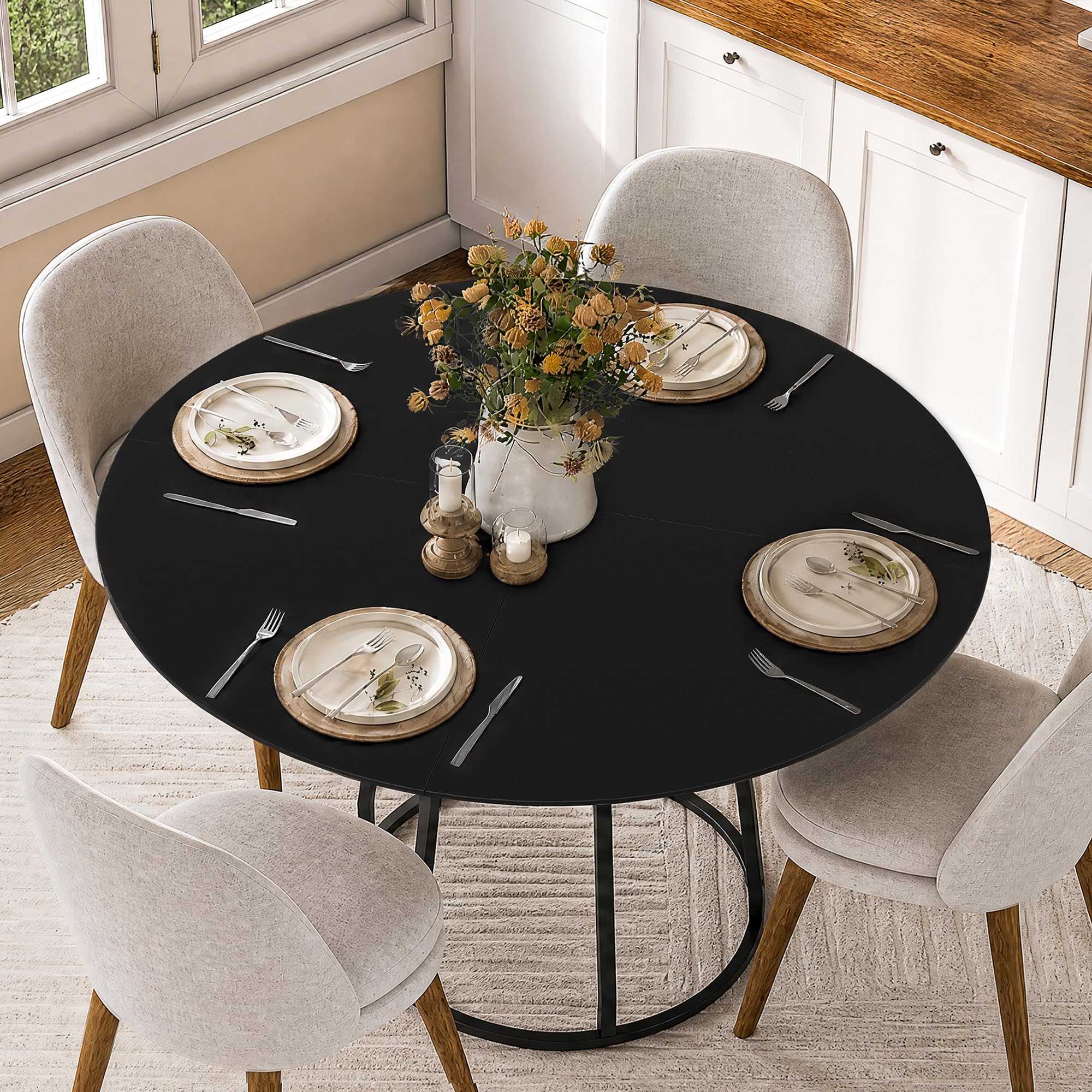 Table ronde de salle à manger en bois pour 4 à 6 personnes avec plateau en bois et base en acier circulaire pour cuisine salon salle à manger 120 cm