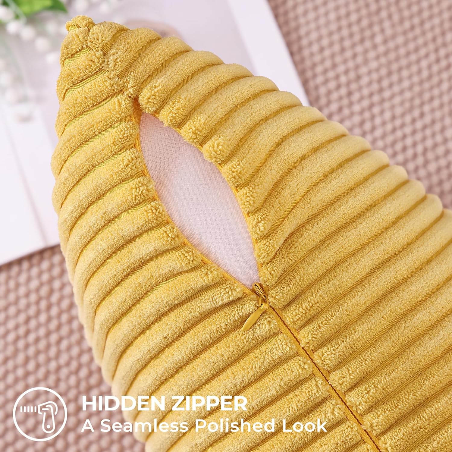 Mecatny Corduroy Decorative Throw Pillow Covers 18x18 Set of 2 for Sofa Living Room, Soft Neutral Boho Couch Pillow Covers for Home Decor, Mustard Yellow - Image 4