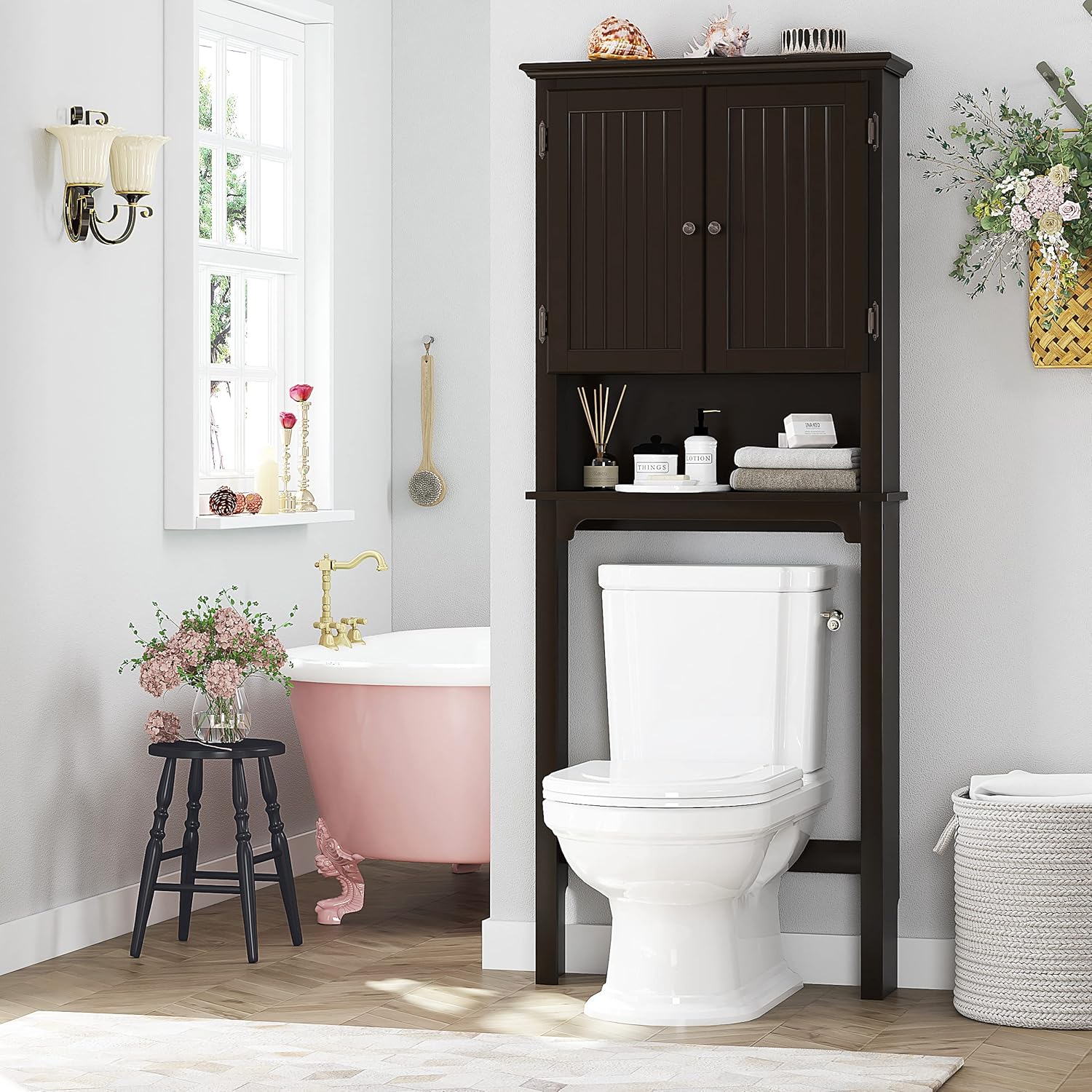 UTEX Bathroom Storage Over The Toilet, Above Toilet Storage Cabinet Organizer with Adjustable Shelves and Double Doors, Espresso