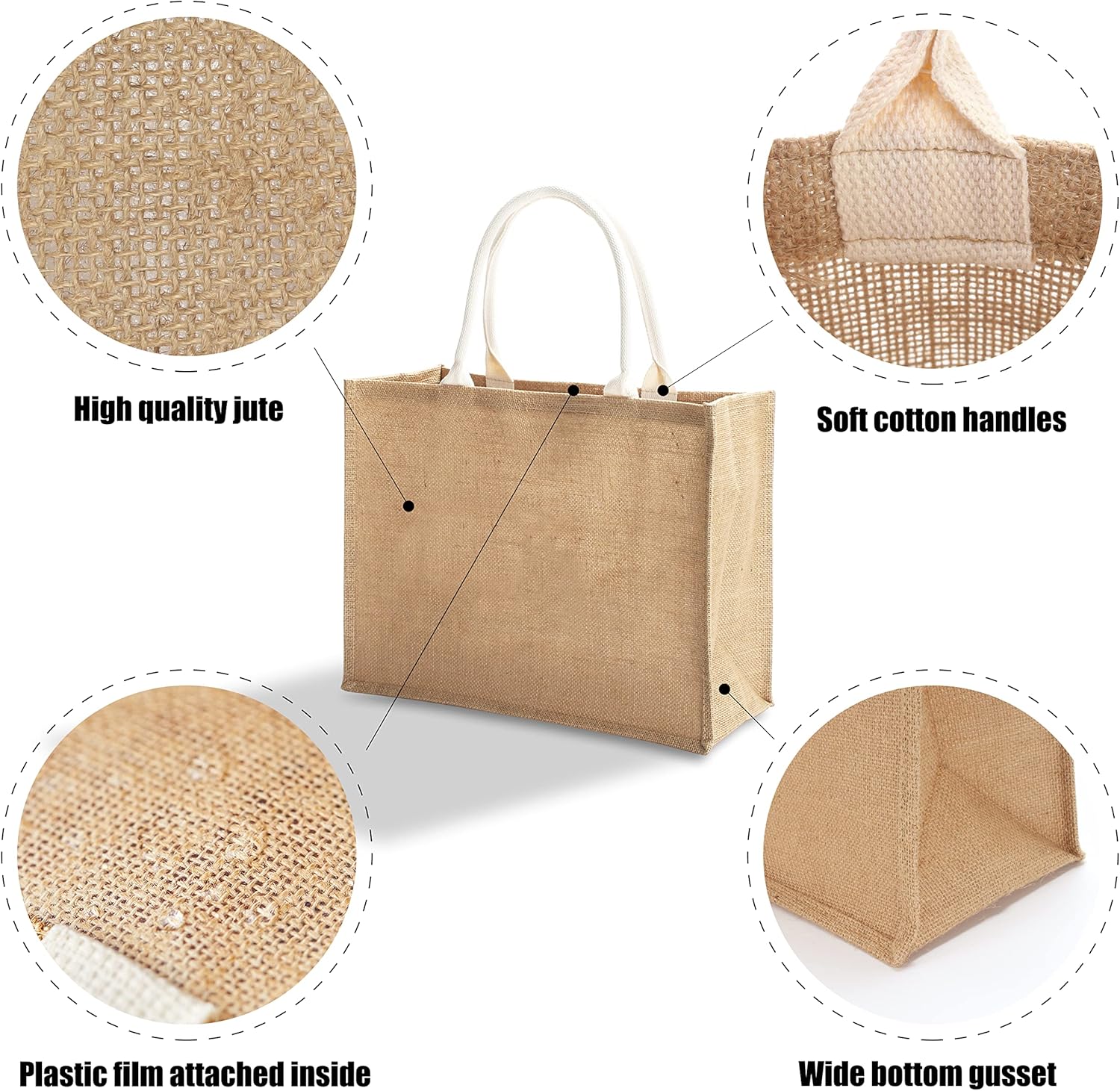 Large Jute Tote Bags, 16.5" x 7" x 13", Pack of 1 - Burlap Totes for Beach, Shopping, Gym, Pool, Wedding - Image 4
