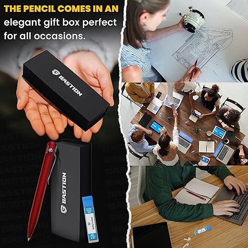 Miniatura 7 de BASTION Juego de lápices mecánicos y bolígrafos de aluminio, punta media de 0.028 in y tinta negra de 0.020 in, juego de regalo de 2 unidades, rojo