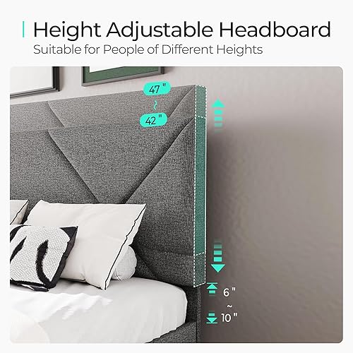 Miniatura 2 de LINSY Base de cama Queen con cabecera ajustable, marco de cama tapizado de lino con soporte de listones de madera maciza, plataforma resistente,