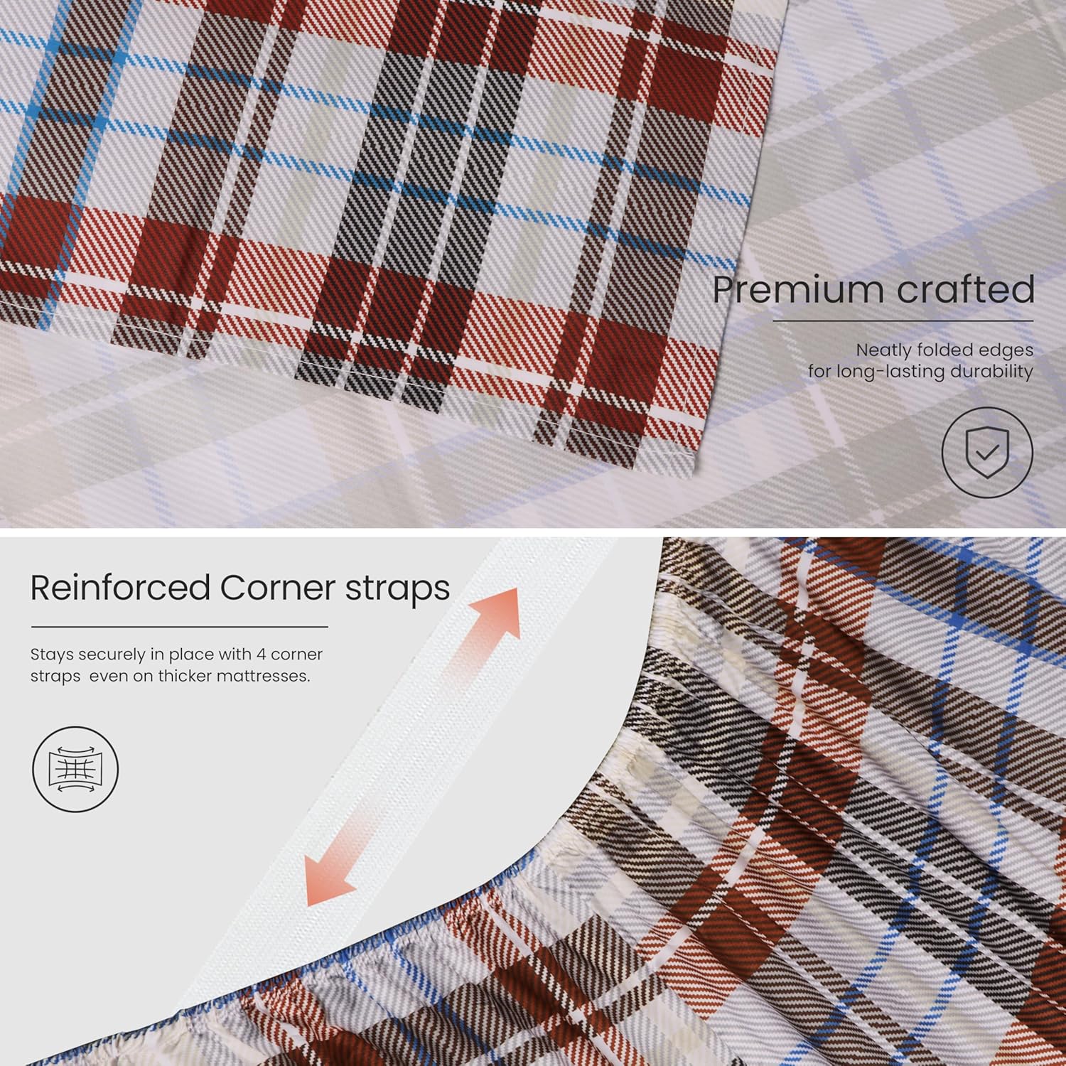 Queen Bed Sheet Set - 4-Piece Extra Deep Pocket Sheet Set Fits Mattress up to 24 inch, Plaid Vintage Aesthetic Bedding,Wrinkle-Free & Secure Corner Straps,Brownish-red Plaid