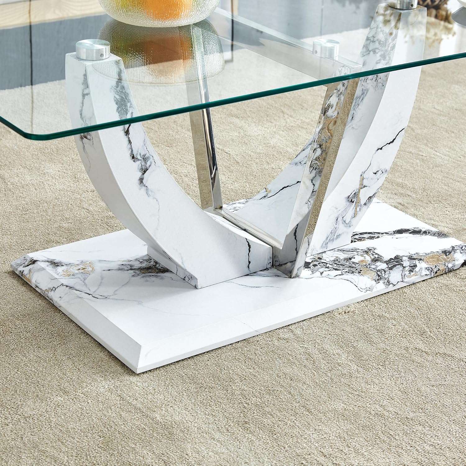 Glass Coffee Table, Modern Rectangular Coffee Table with Tempered Glass Tabletop and White Marble Patterned Stainless Steel Base, Glass Center Table Tea Table Cocktail Table Accent Table