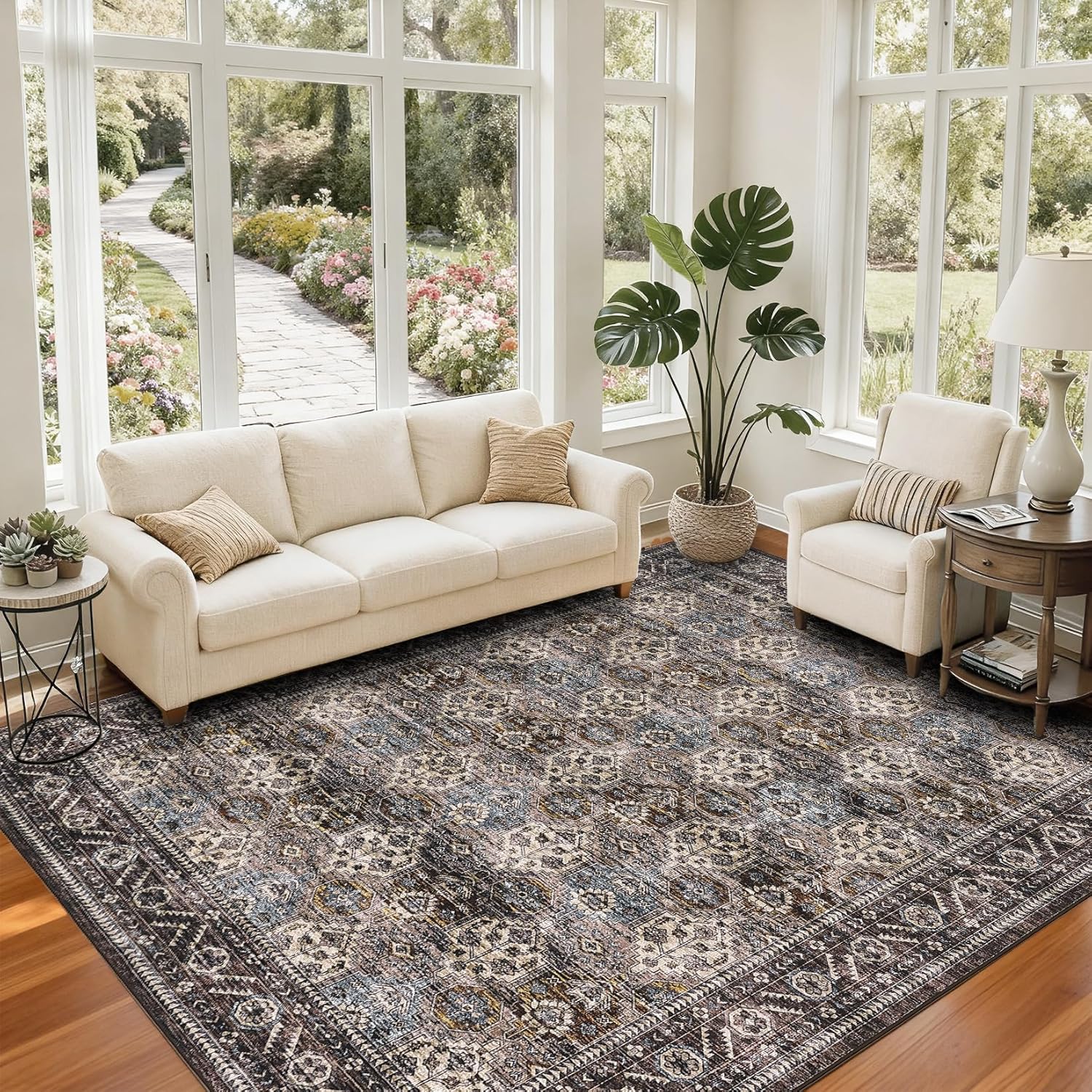 Vintage Floral Area Rug for Living Room, 10x13 Washable Soft Non Slip Bedroom Nursery Rugs, Indoor Traditional Distressed Large Under Table Carpet for Dining Room Office, Red Brown
