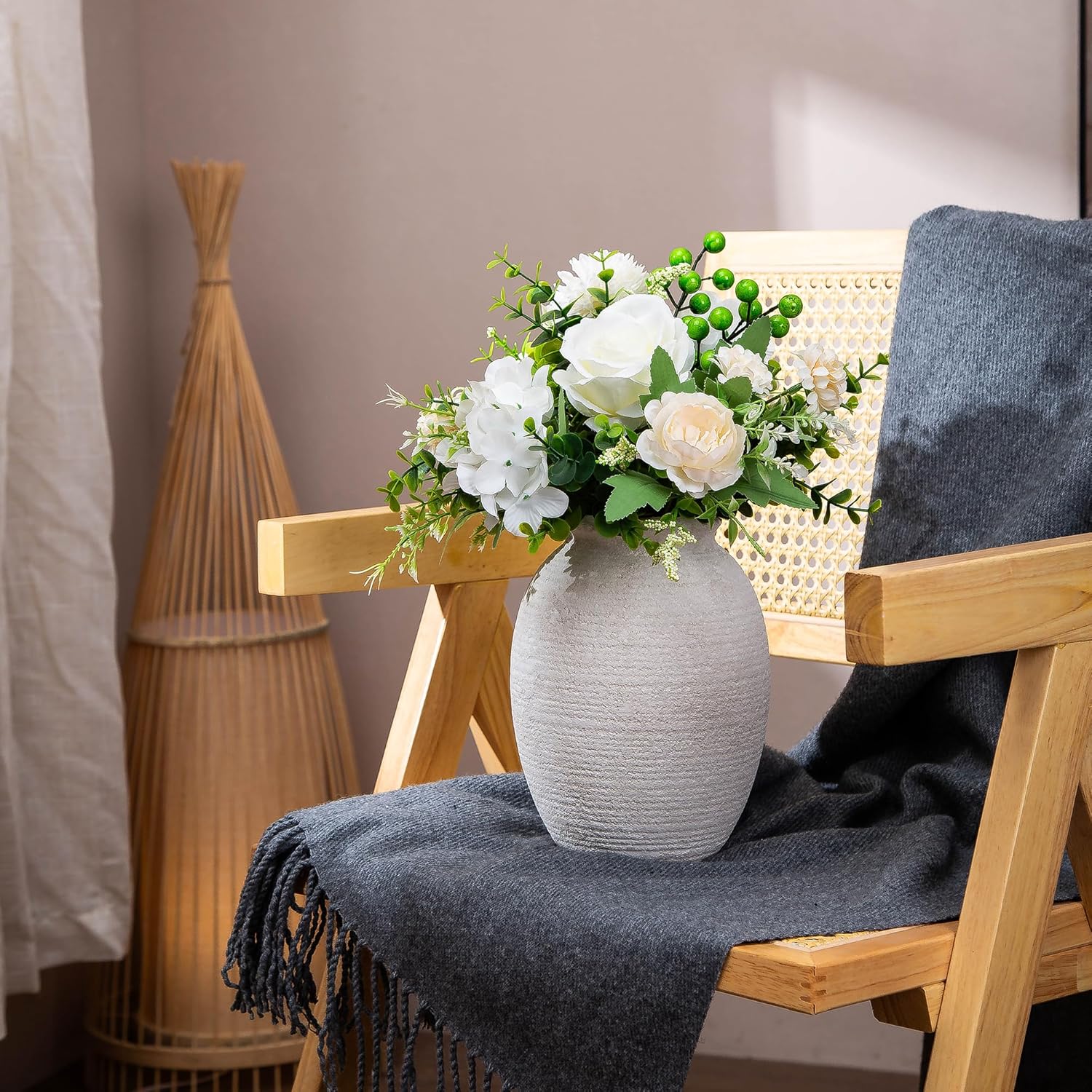 8 Inch White Ceramic Vase - Rustic Vintage Decorative Vase for Home - Farmhouse Pottery Vase for Flowers - Christmas Vase - Modern Vintage Dining Table Centerpiece ， Lyeec Vases Set - Image 7