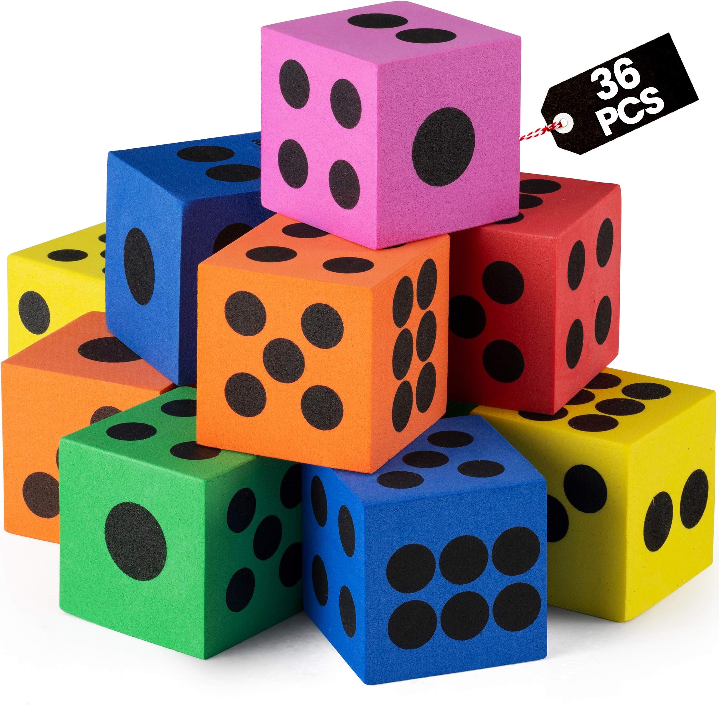 Foam Dice Set - Bulk Pack of 36, 1.5 Inch Large Assorted Colorful Foam Dice Cubes with Number Dots, Use for Kids, Classrooms, Math Games, Building Toys, Party Supplies by Bedwina