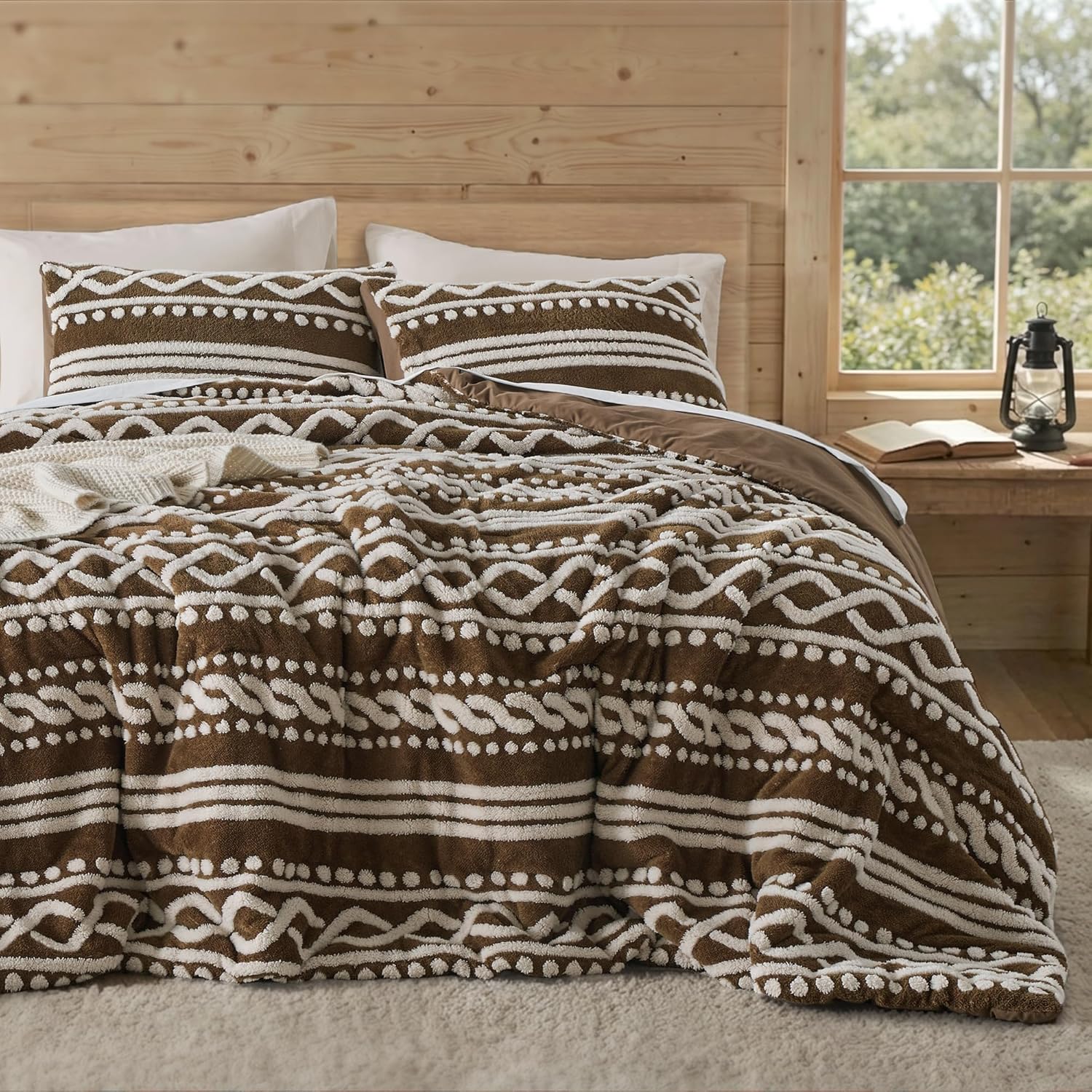 Wonderful Tufted Boho Comforter Set Queen, 3 Piece Fair Isle Geometric Jacquard Lightweight Comforter with Washed Brushed Backing, Skin-Friendly Rustic Plush Blanket for All Season, Brown, 90"x90" | 3D Tufted Jacquard, Cloud-Like Touch, 2-in-1 Quilt Blanket, Fade & Shrink Resist, Machine Washable