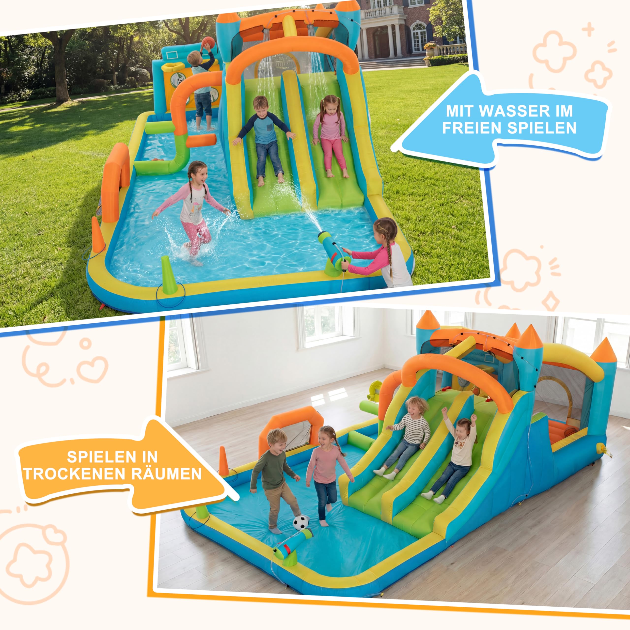UEV Aufblasbarer 9-in-1 Hüpfburg XXL mit Gebläse,EN 71-1/2/3,515x320x216cm | Trocken-/Wasserdoppelrutsche, geeignet für Kinder von 3 bis 10 Jahren, Children's Bouncy Castle for Indoor or Outdoor use