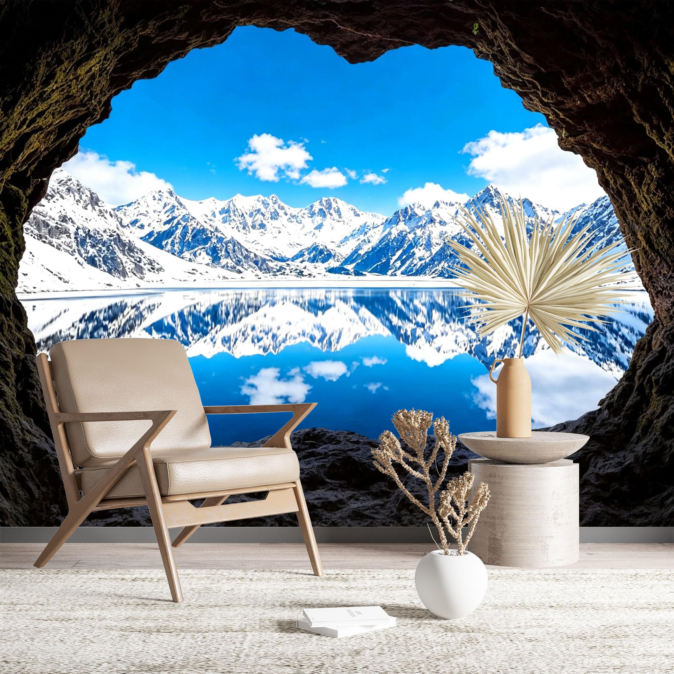Custom Size Wall Murals Snowy Mountain Lake Seen Through Cave Arch Wall Stickers Self-Adhesive Wall Fabric (NO PVC) Removable Wallpaper for Living Room Bedroom