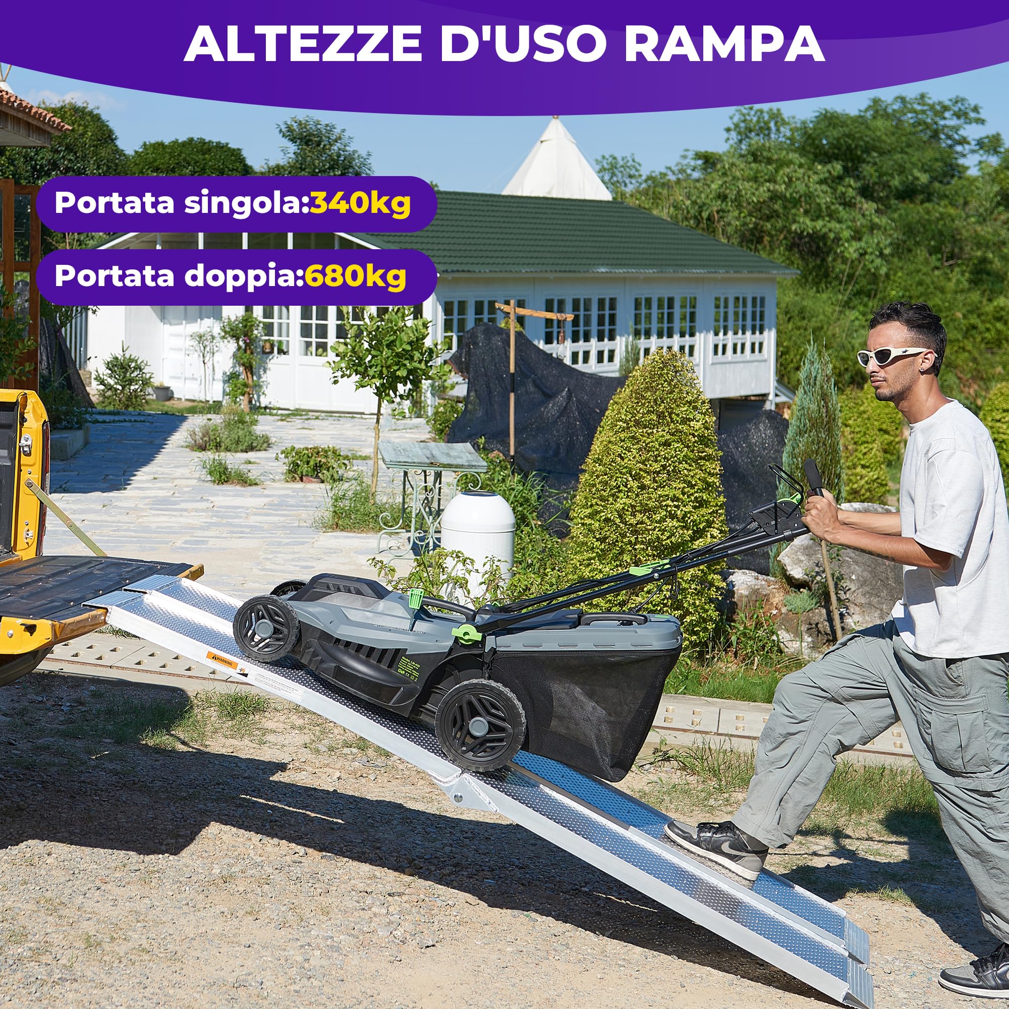 FACHNUO Rampa pieghevole in alluminio, 228 x 28 cm, portata 340 kg, per moto, quad, pick-up con manico portatile, superficie antiscivolo, salvaspazio (1 pezzo, argento)