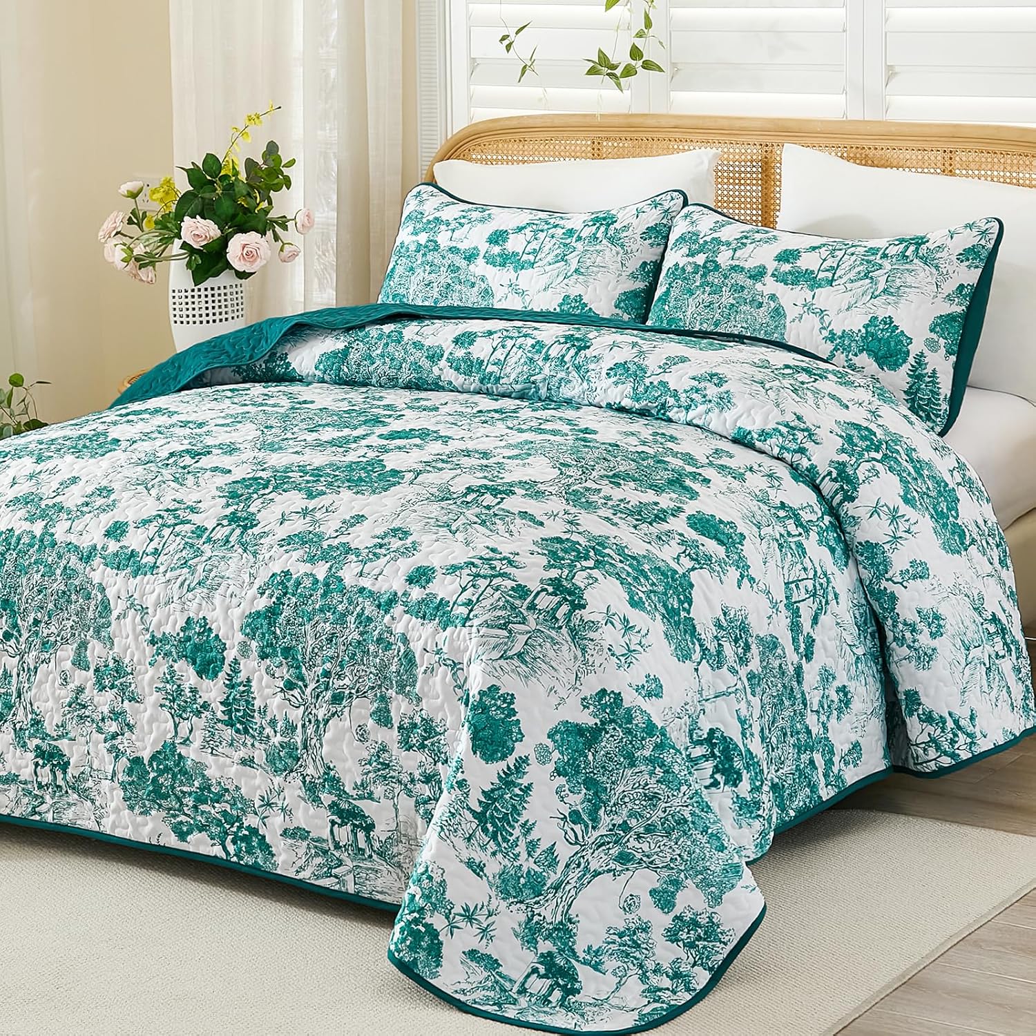 WONGS BEDDING Queen Quilt Set, 3 Pieces Botanical Bedspreads Set Lightweight Teal Toile Plants Pattern Coverlet Home Decor for All Seasons(96"90")
