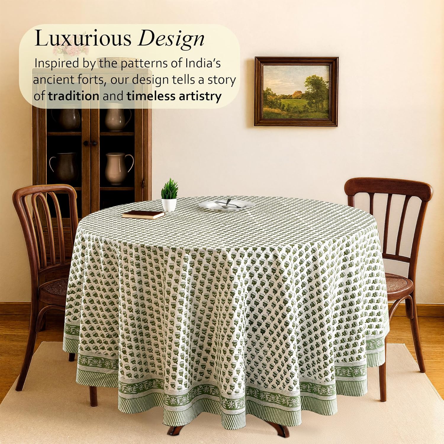 CPC Round Tablecloth- Cotton Indian Block Print Tablecloth -Handmade Printed Washable Cotton Table Cloth - Spring/Summer, Wedding Table Cover - Emerald Green 60 Inches - Image 5