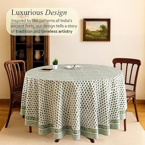 Miniatura 2 de Cotton Print Club - Mantel con estampado de bloques "verde esmeralda" - Mantel redondo de algodón impreso a mano - Acción de Gracias, Navidad,