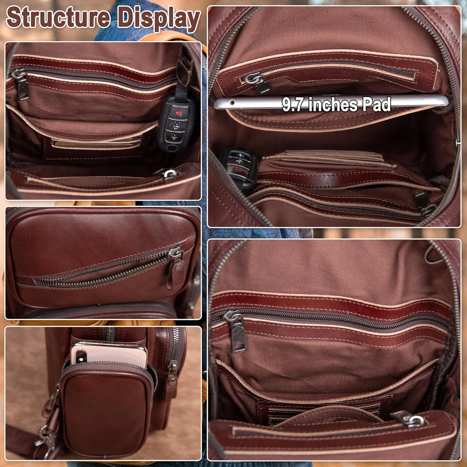 Genuine Leather Sling Bag for Men Large Crossbody Shoulder Bag Casual Sling Backpack Anti-Theft Travel Chest Purse - Image 4